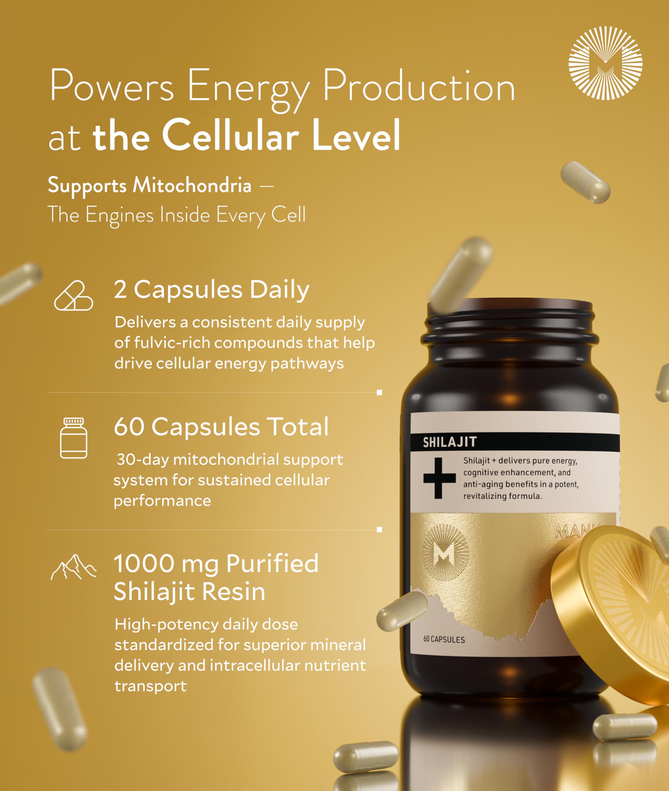 Bouteille de Shilajit M Manna avec dosage quotidien facile à suivre.