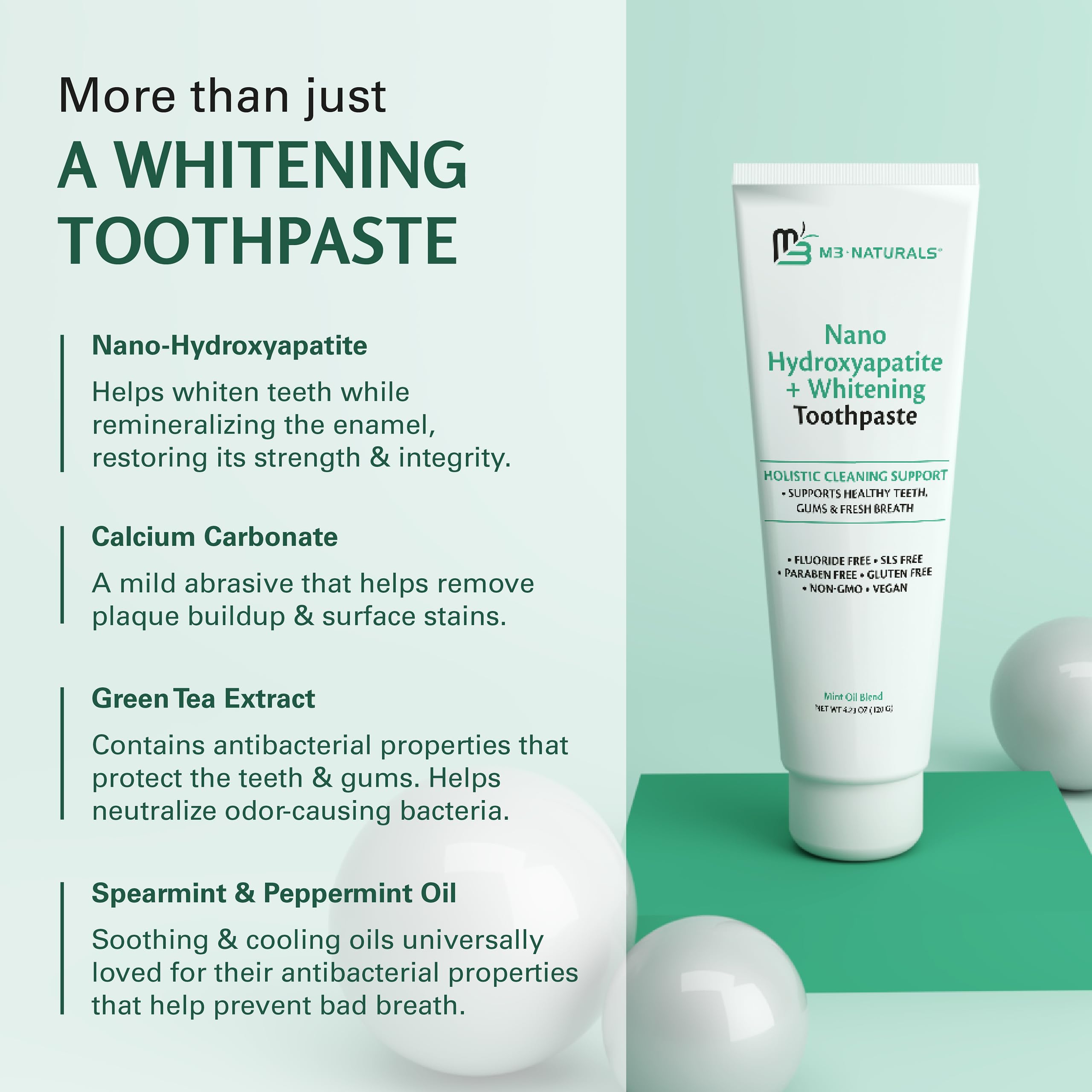 Dentifrice M3 Nano Hydroxyapatite, calcium et aloe pour fraîcheur après brossage.