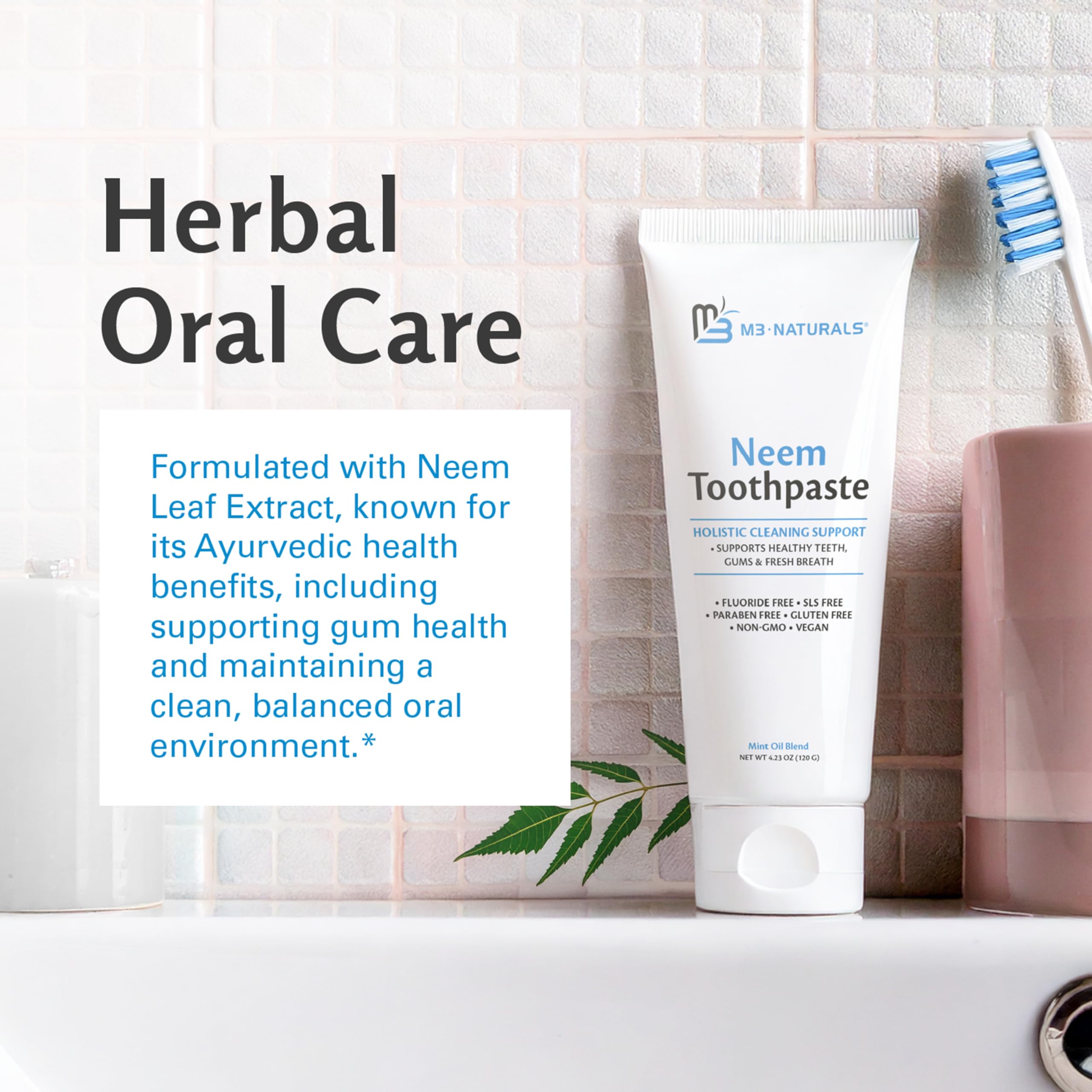 M3 Naturals dentifrice vegan au neem et menthe, sans gluten.