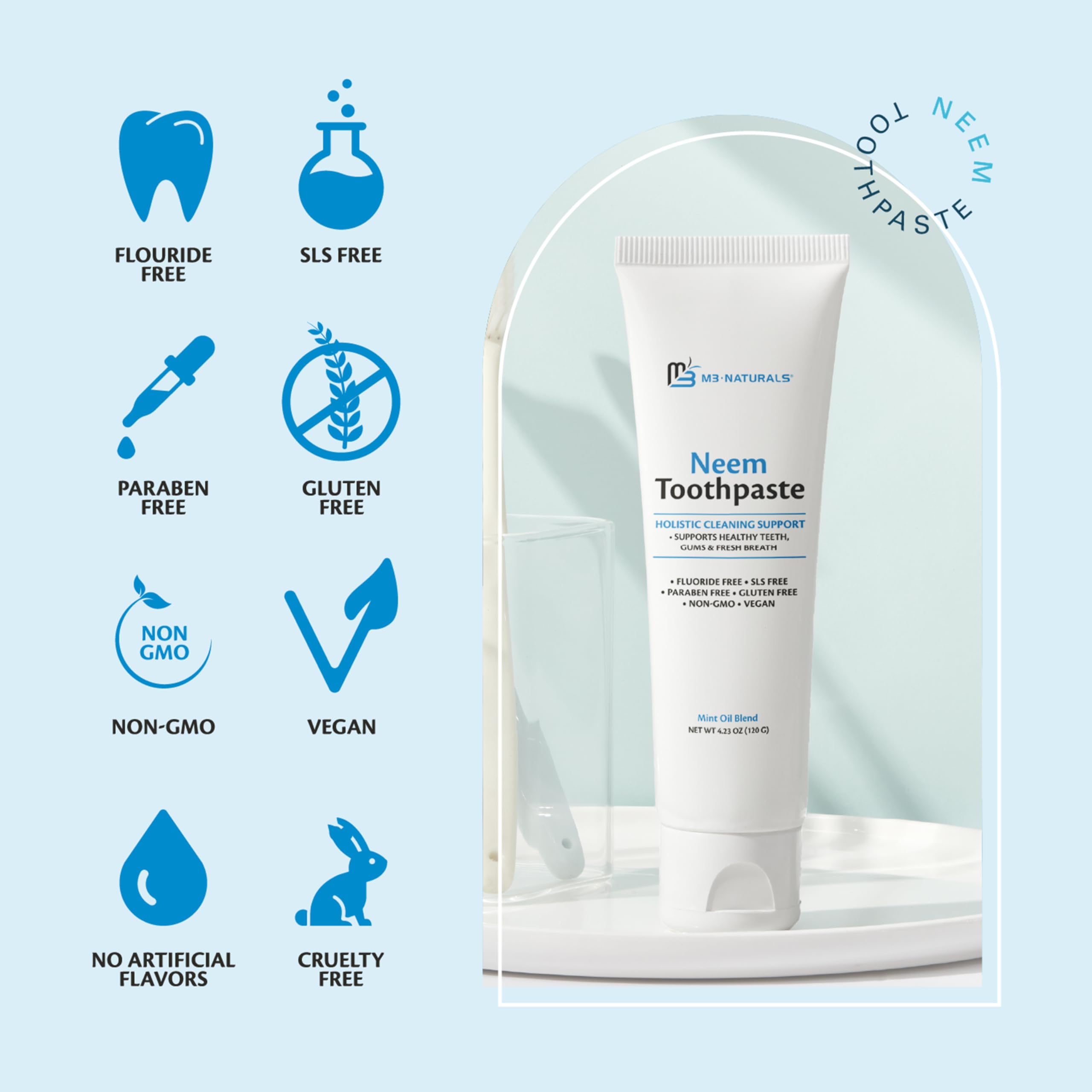 M3 Naturals dentifrice sans fluorure, sans parabènes et sans gluten.
