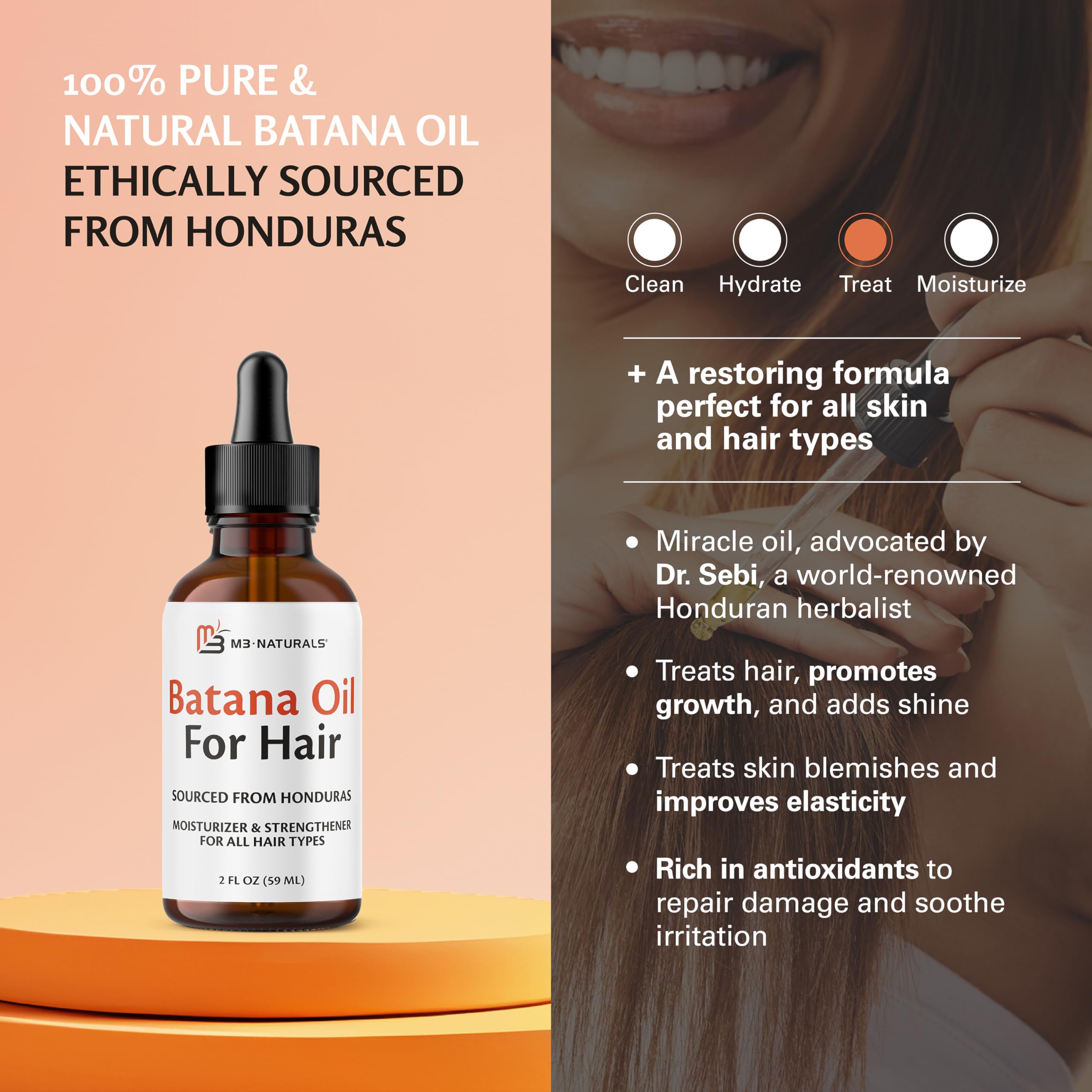 M3 Naturals Huile Batana – application sur le cuir chevelu pour nourrir les racines.