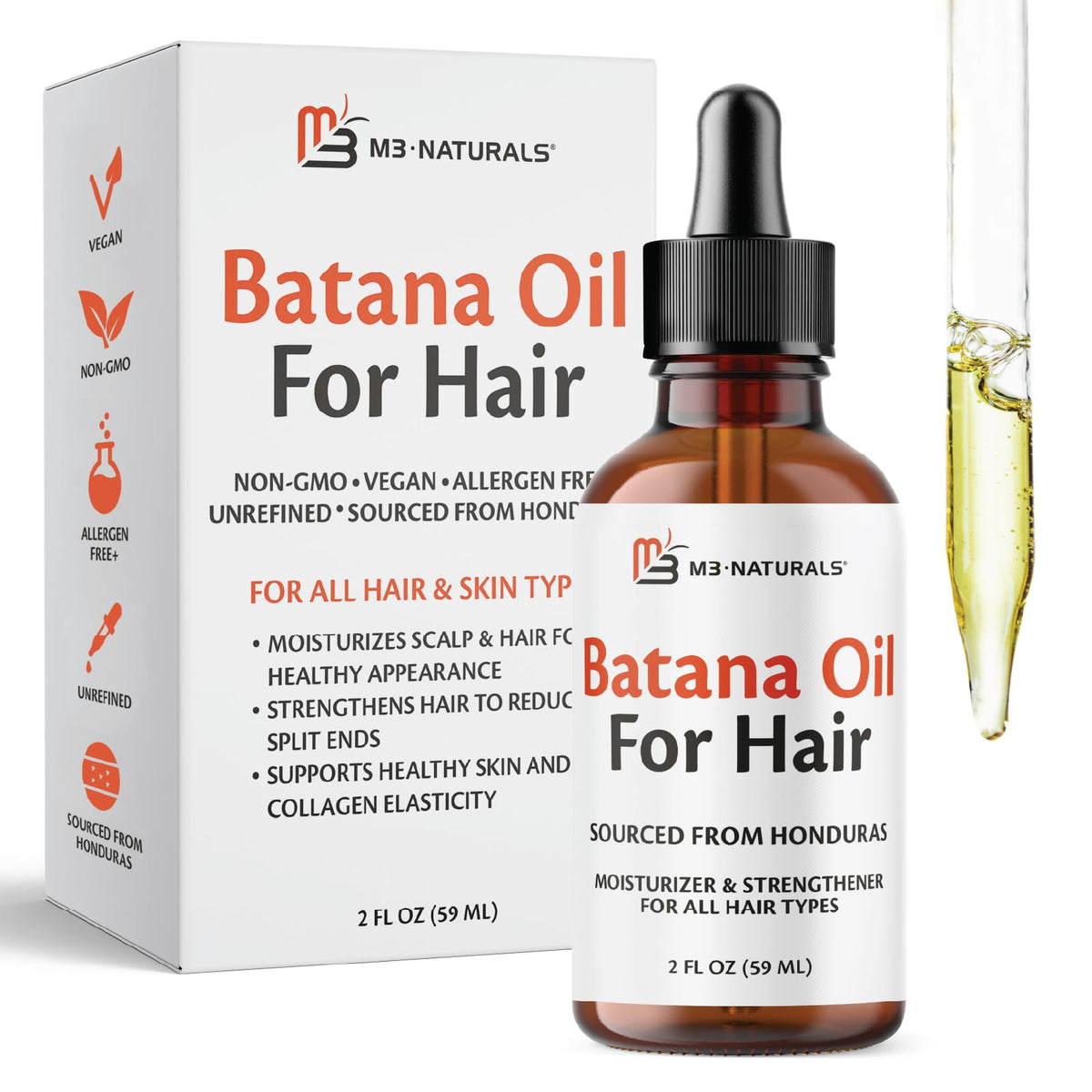 M3 Naturals Batana Oil, bouteille en verre ambre, protège la pureté et la fraîcheur