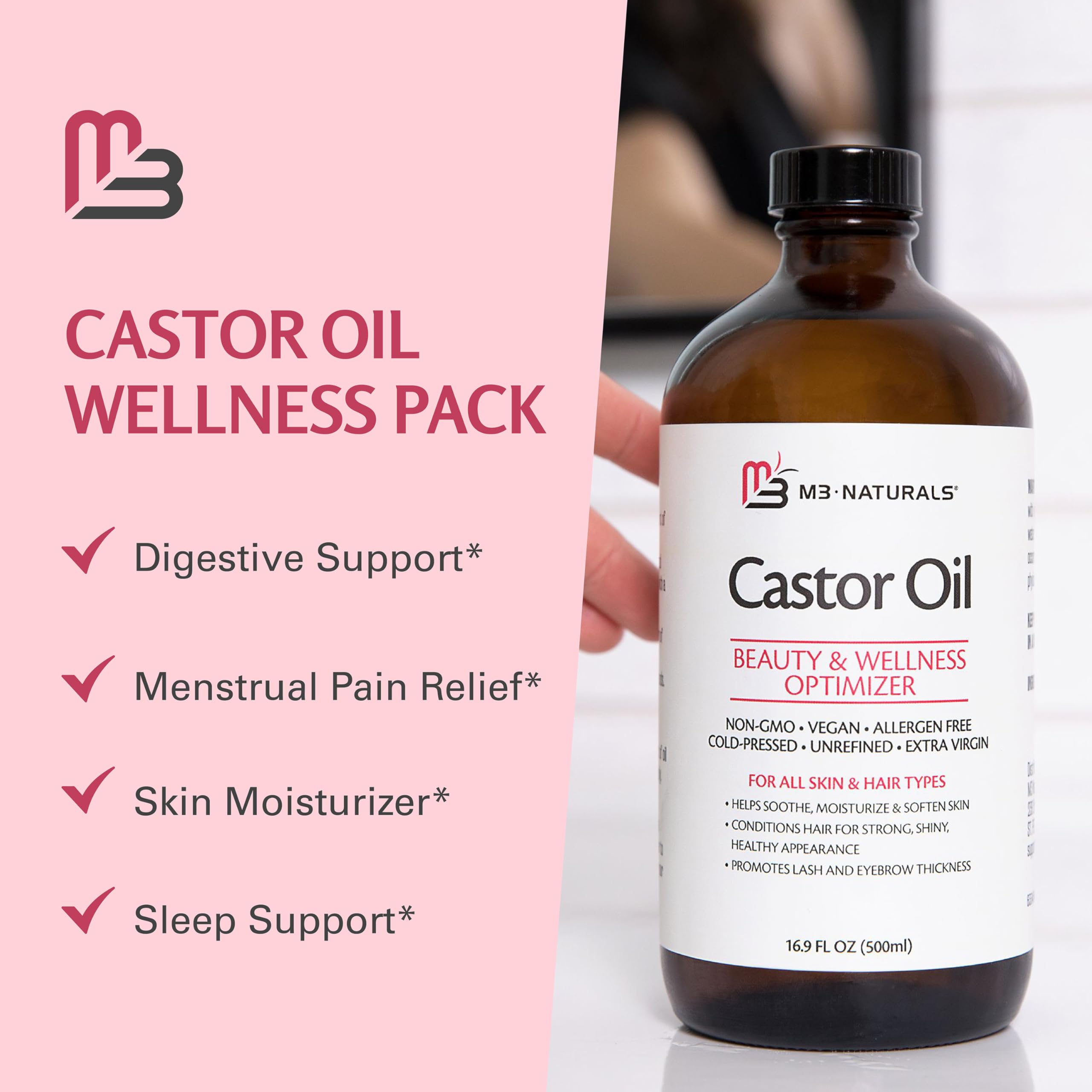 Huile ricin pure M3 Naturals sans hexane pour douceur cutanée.
