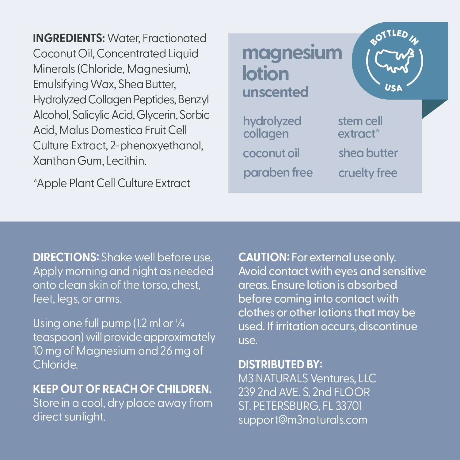 M3 Naturals lotion magnésium, hydratation profonde avec coco et karité.