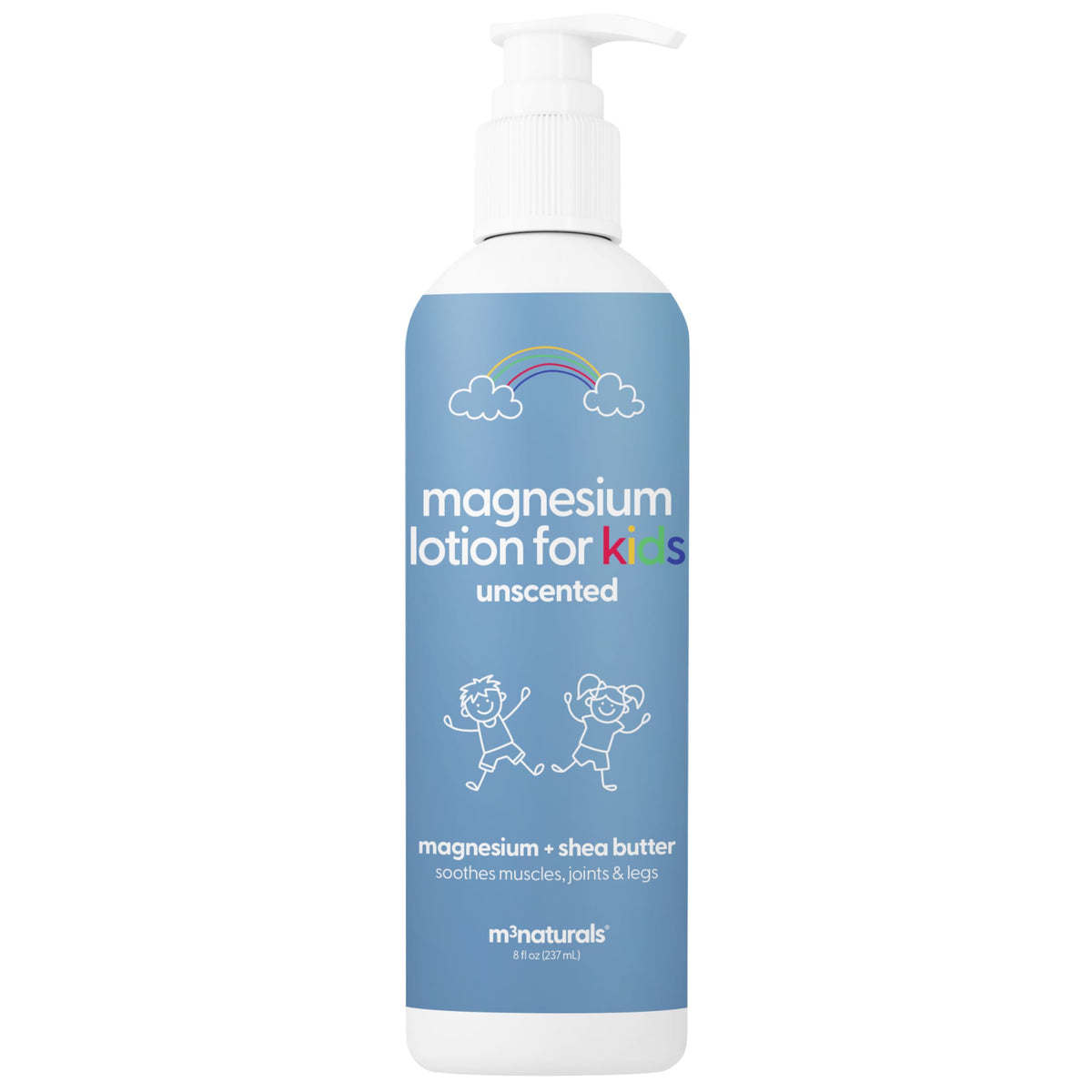 Lotion M3 Naturals sans parfum pour enfant, présentation en flacon.