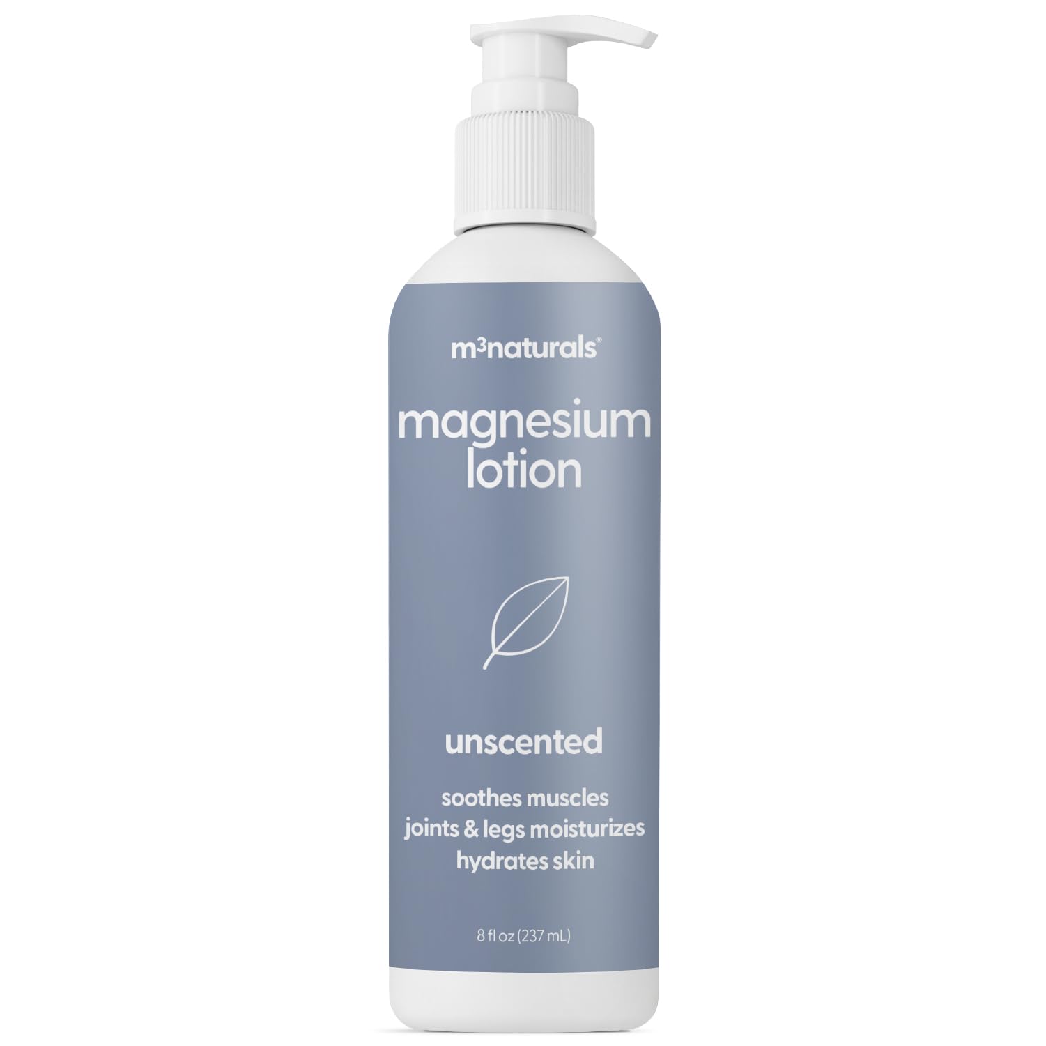 M3 Naturals lotion magnésium sans parfum sur flacon, favorise relaxation et hydratation cutanée.