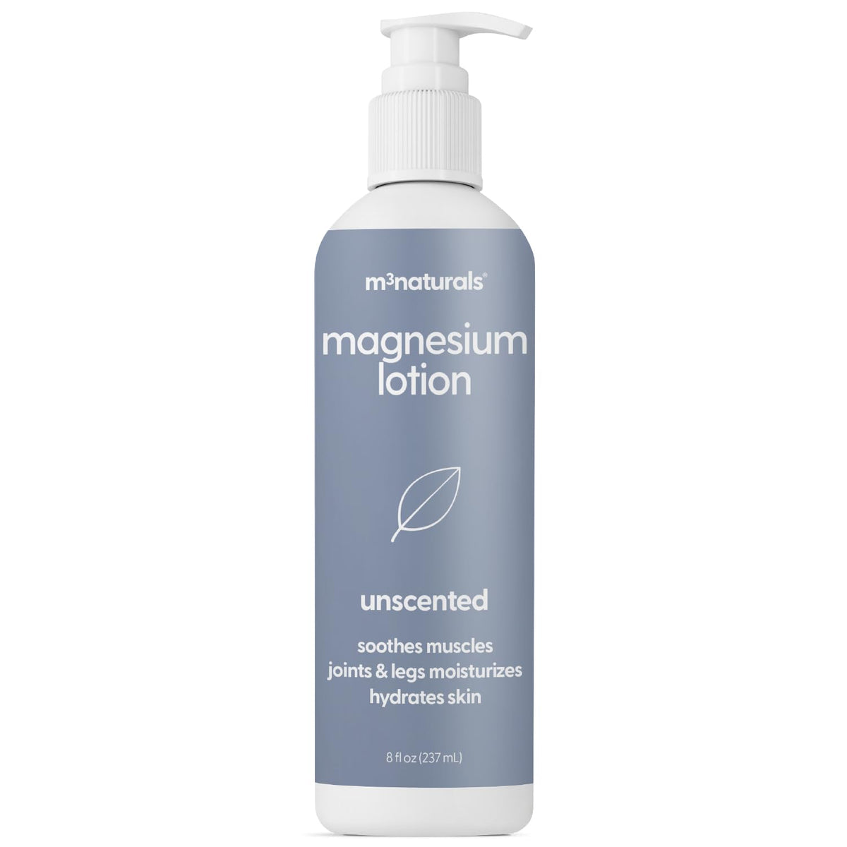 M3 Naturals lotion magnésium sans parfum sur flacon, favorise relaxation et hydratation cutanée.