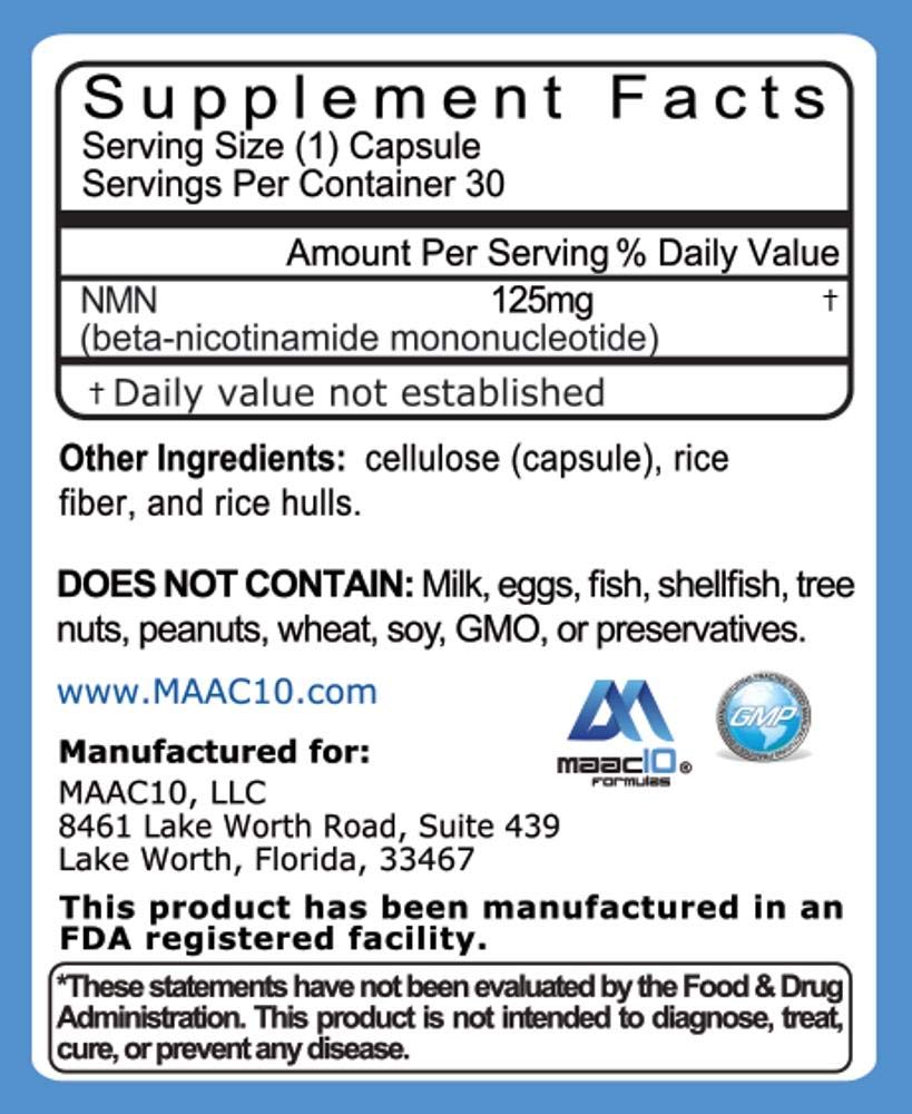 Maac10 NMN capsules 125 mg, absorption rapide et efficace.
