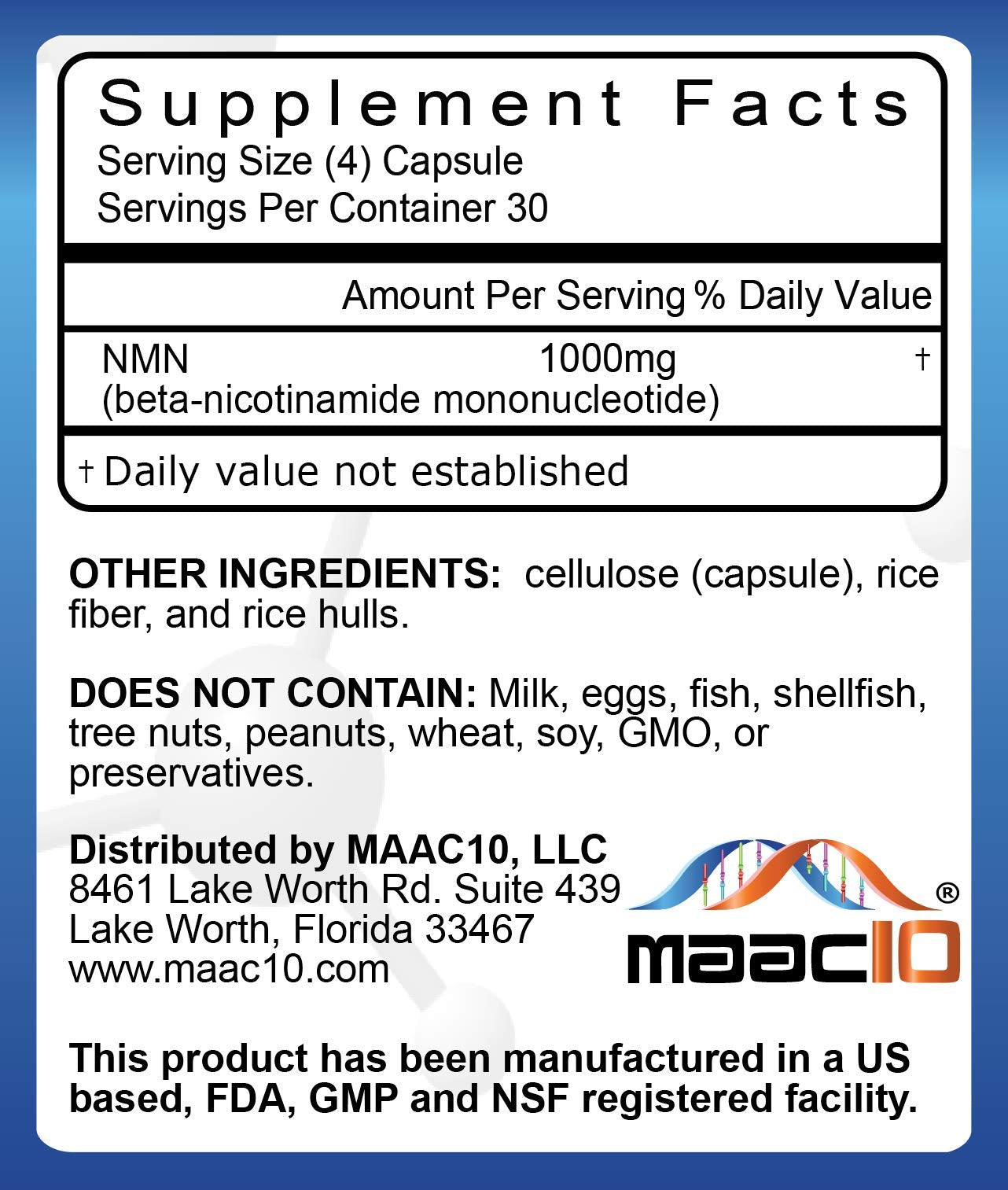 Étiquette MAAC10 NMN indiquant 1000 mg par portion pour une utilisation pratique.