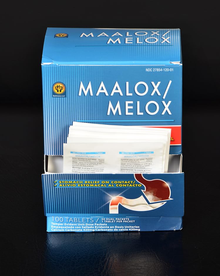 Distributeur Maalox avec comprimés à mâcher en vente au détail, idéal pour achats impulsifs près de la caisse.