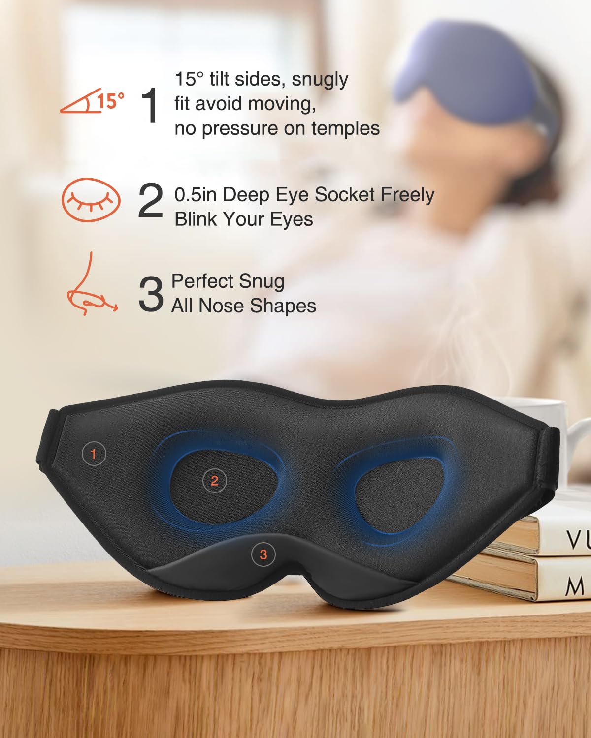 Masque MABAO bloque totalement la lumière pour des nuits sans distraction.