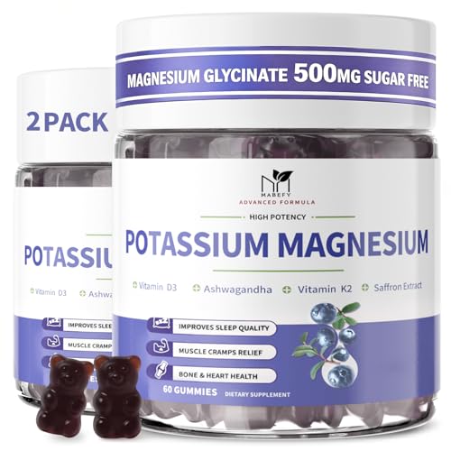 MABEFY 2-pack Potassium Magnesium Gummies sans sucre, emballage visible.