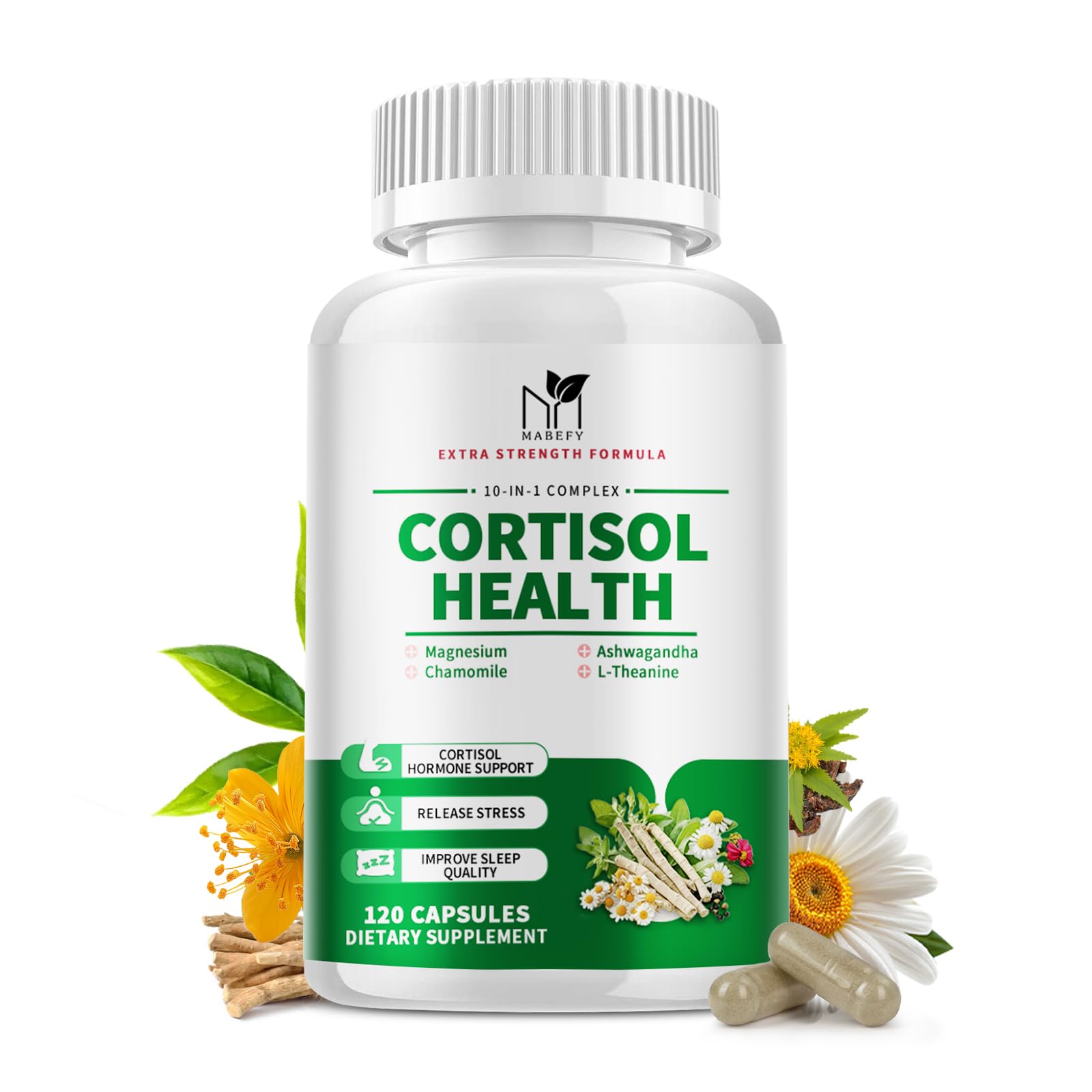 Mabefy Cortisol 10 en 1 – bouteille et cadre évoquant l'équilibre et la sérénité