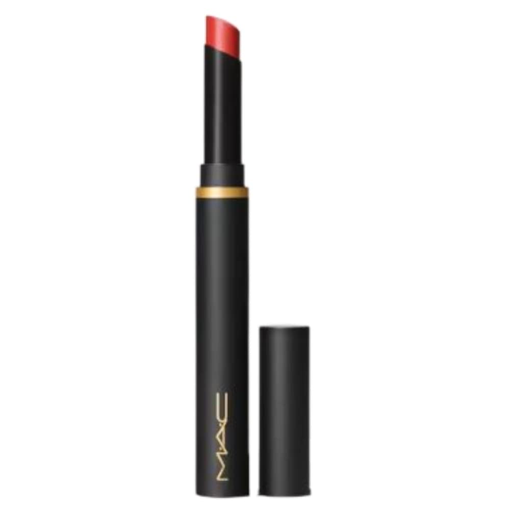 MAC Poudre Kiss Velours Blur Stick emballage, couleur profonde et hydratation potentielle.
