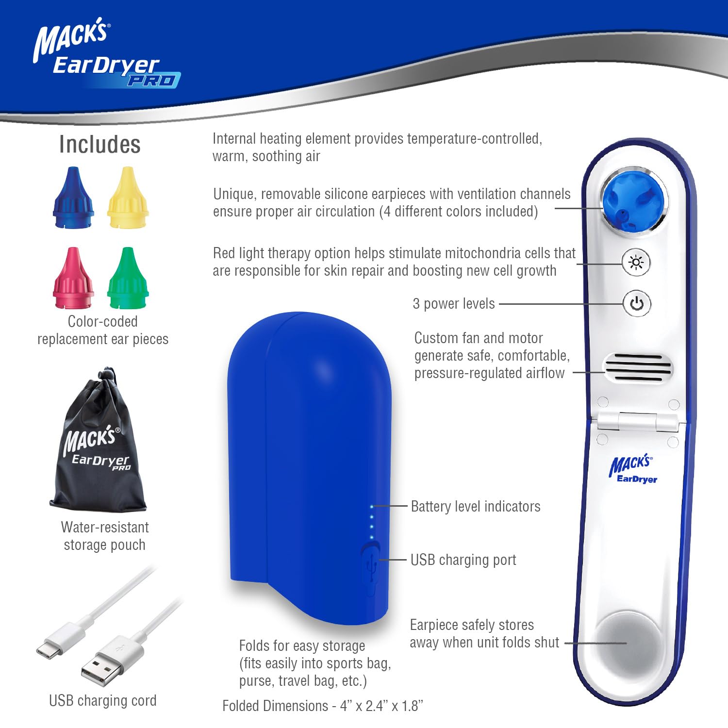 Mack's Ear Dryer Pro charge via USB, utilisation simple et rapide.