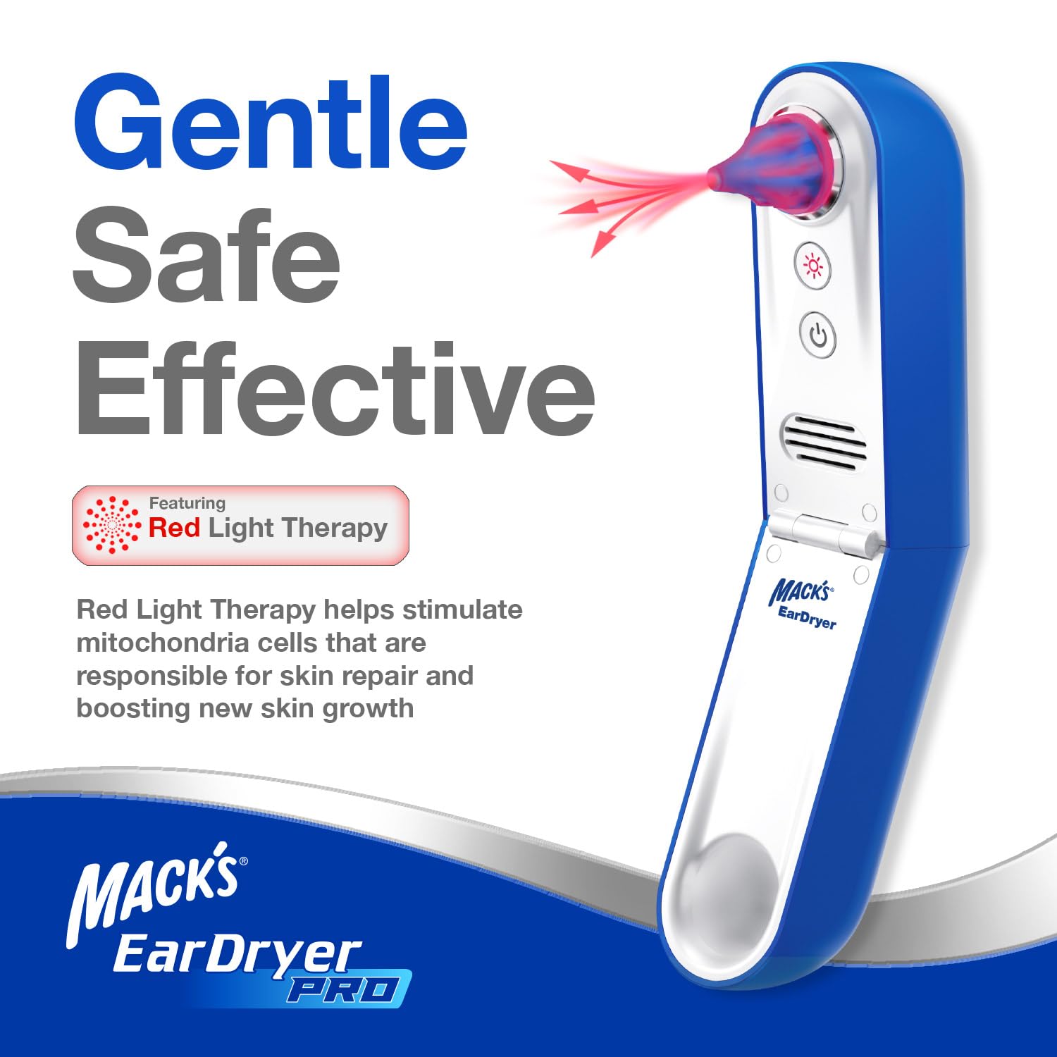 Mack's Ear Dryer Pro en format pliable et pochette de voyage pratiques.