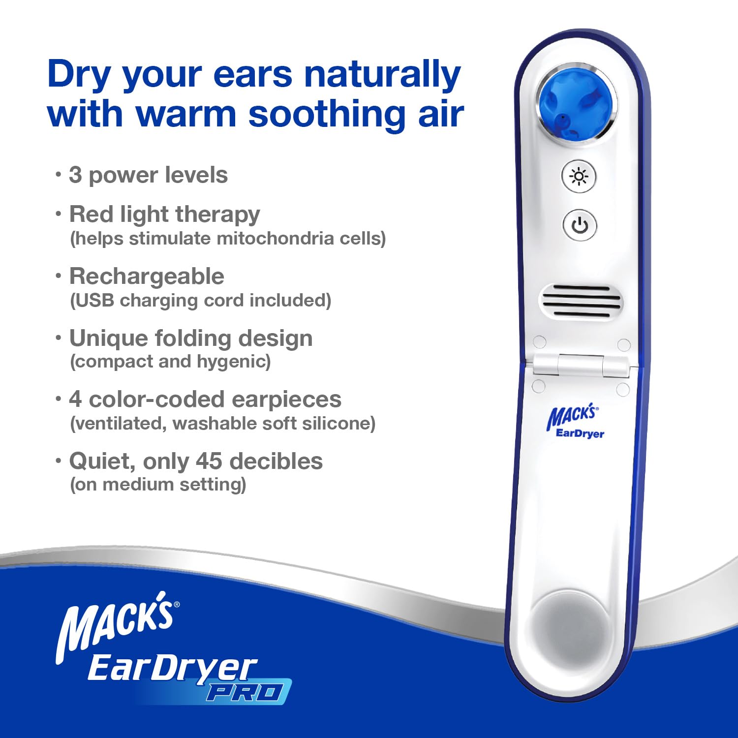 Mack's Ear Dryer Pro avec thérapie lumière rouge pour soin cutané optionnel.