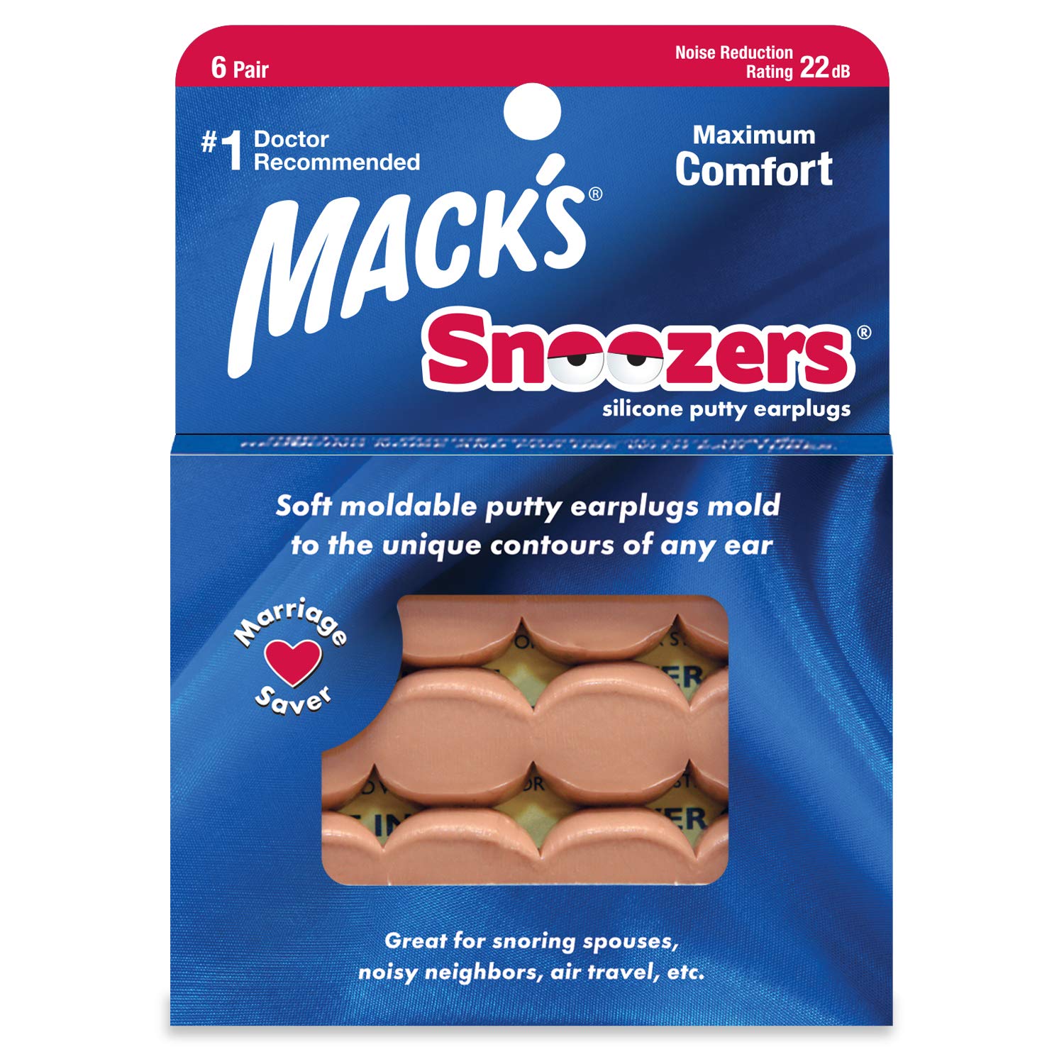 Mack's Snoozers bouchons d'oreilles en silicone 6 paires, ajustement précis pour un sommeil paisible.