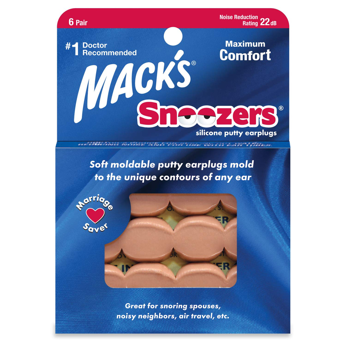 Mack's Snoozers bouchons d'oreilles en silicone 6 paires, ajustement précis pour un sommeil paisible.
