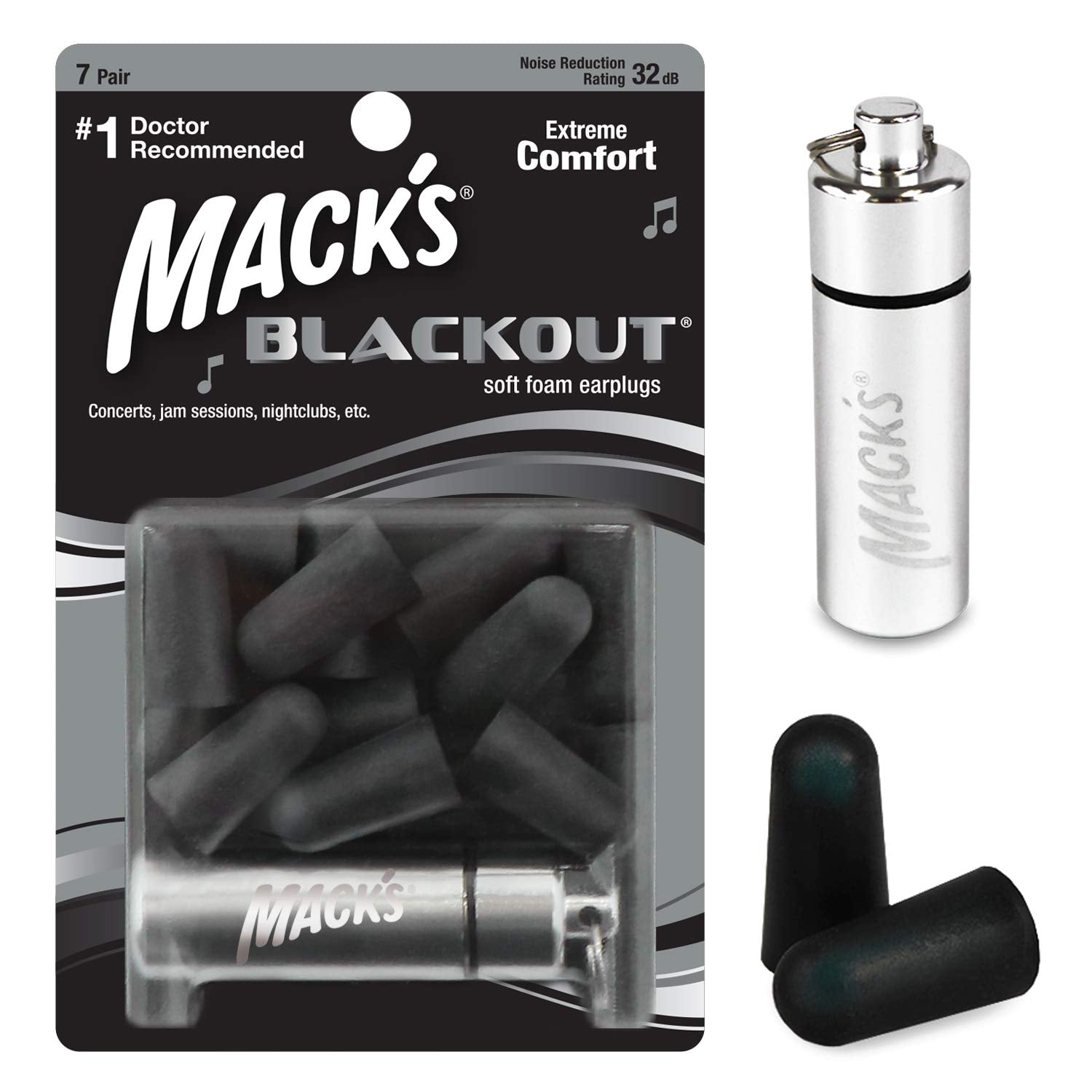 Bouchons Mack's Blackout en mousse montrant réduction jusqu'à 32 dB pour concerts
