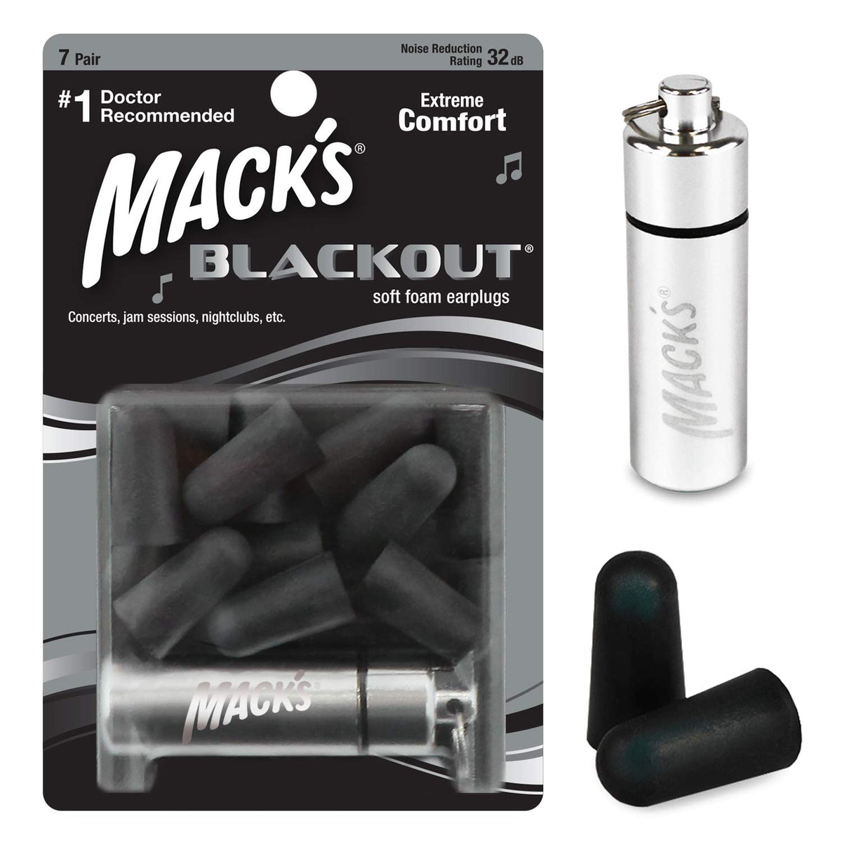 Bouchons Mack's Blackout en mousse montrant réduction jusqu'à 32 dB pour concerts