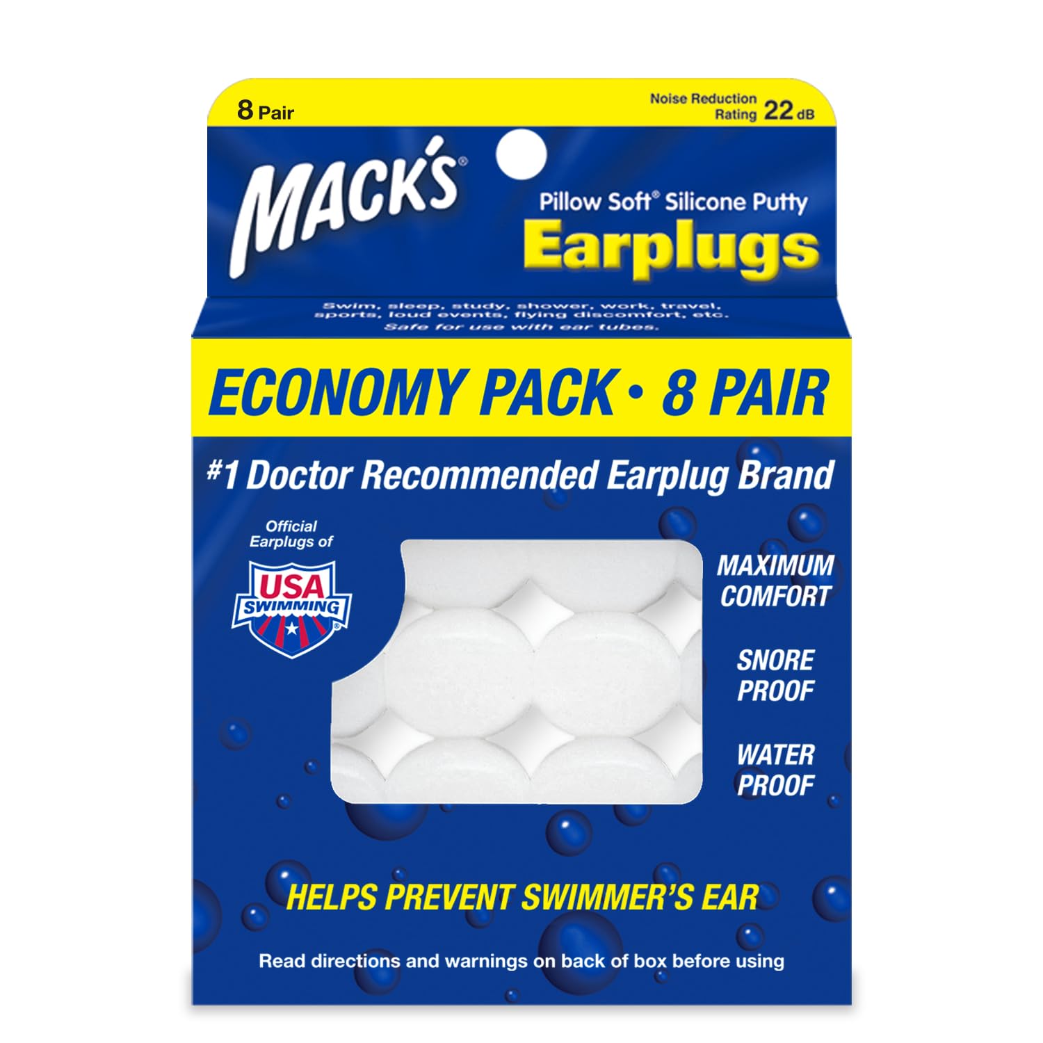 Bouchons Mack's en silicone moulable conçus pour dormir, confort et réduction du bruit.