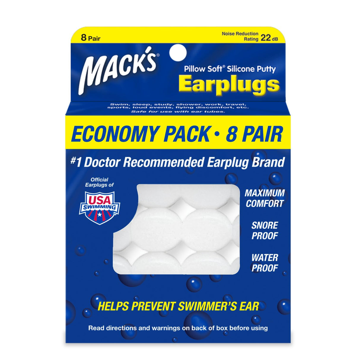 Bouchons Mack's en silicone moulable conçus pour dormir, confort et réduction du bruit.