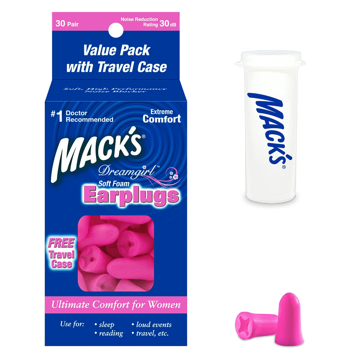 Bouchons Mack's Dreamgirl en mousse rose idéals pour voyage et sommeil paisible.
