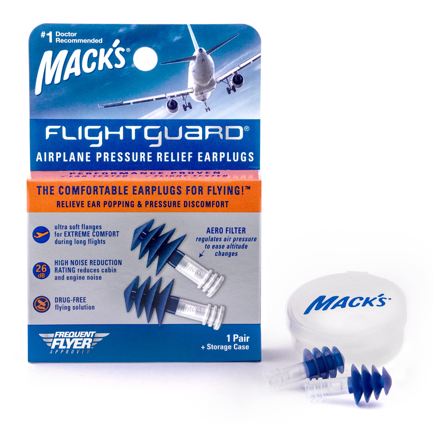 Mack’s Flightguard bouchons oreille avion pour réduction du bruit en cabine.