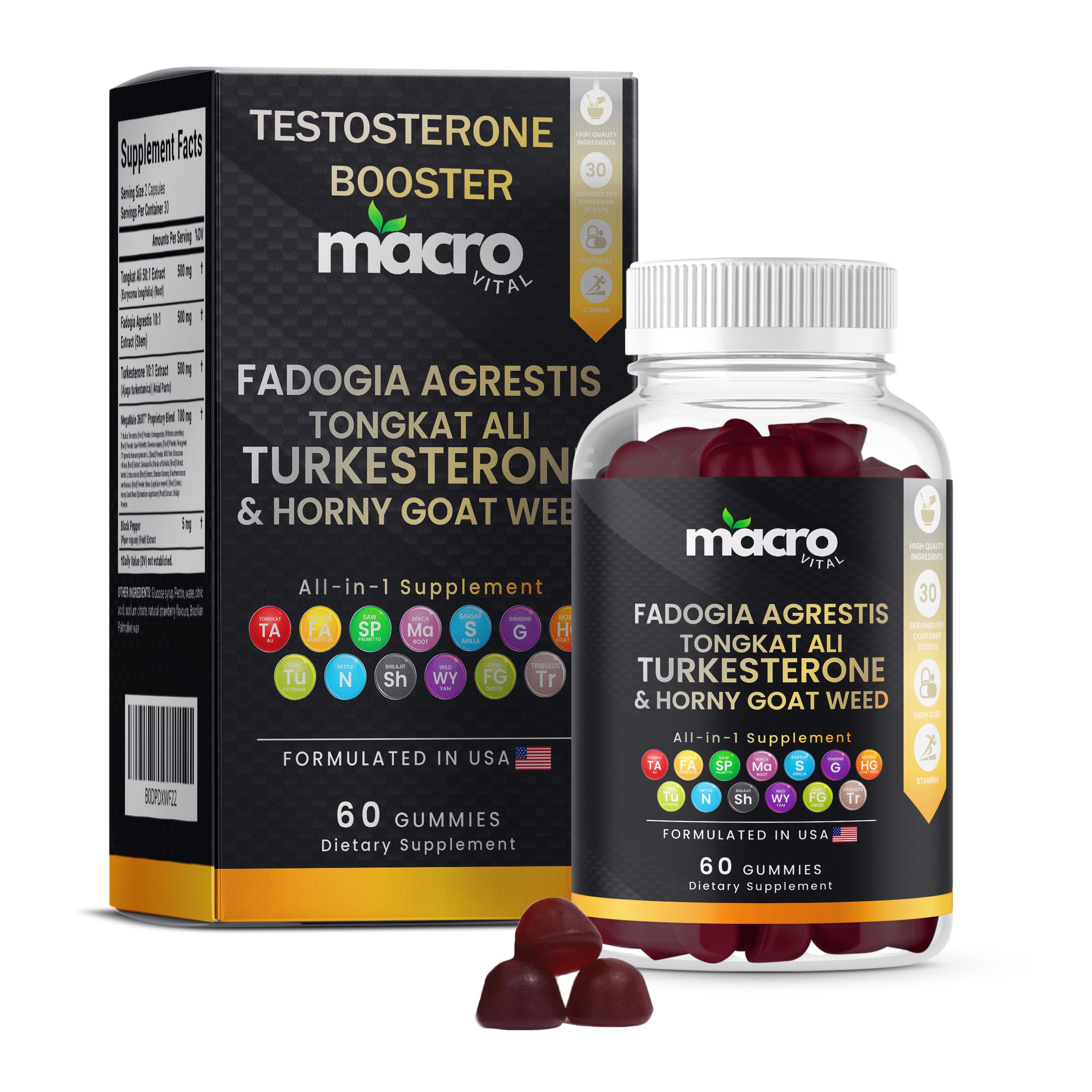 Macro Vital Gummies: bouteille visible, soutien naturel à l'énergie et vitalité masculine