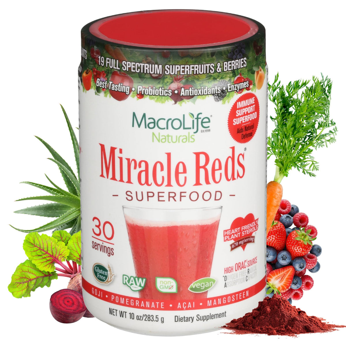 MacroLife Naturals Miracle Reds - bouteille colorée prête pour énergie et bien-être quotidien.