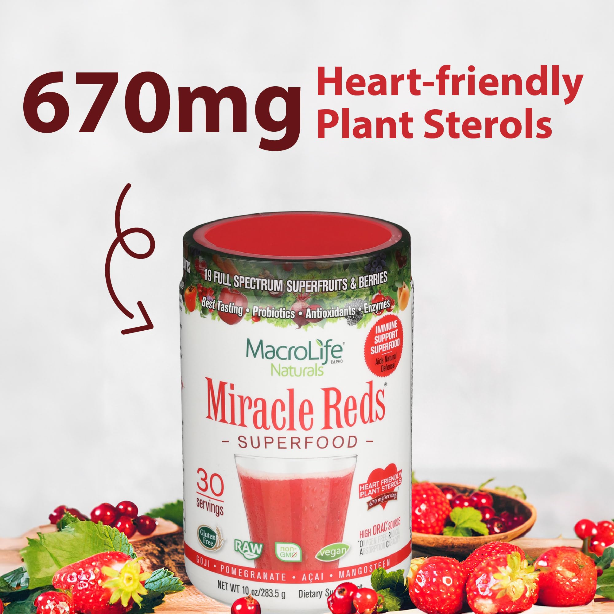MacroLife Naturals Miracle Reds - icône probiotiques et enzymes soutenant la digestion.