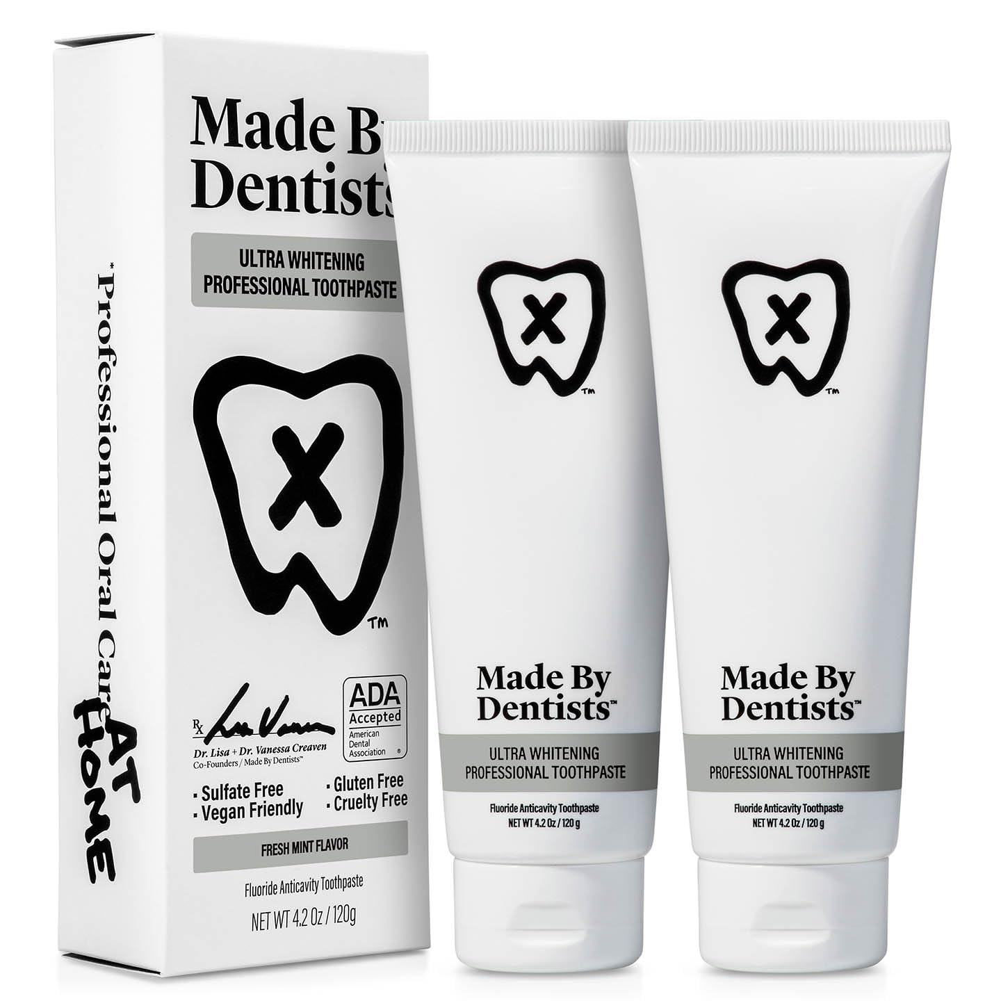 Dentifrice Made by Dentists, tube blanchissant prêt pour un brossage quotidien.