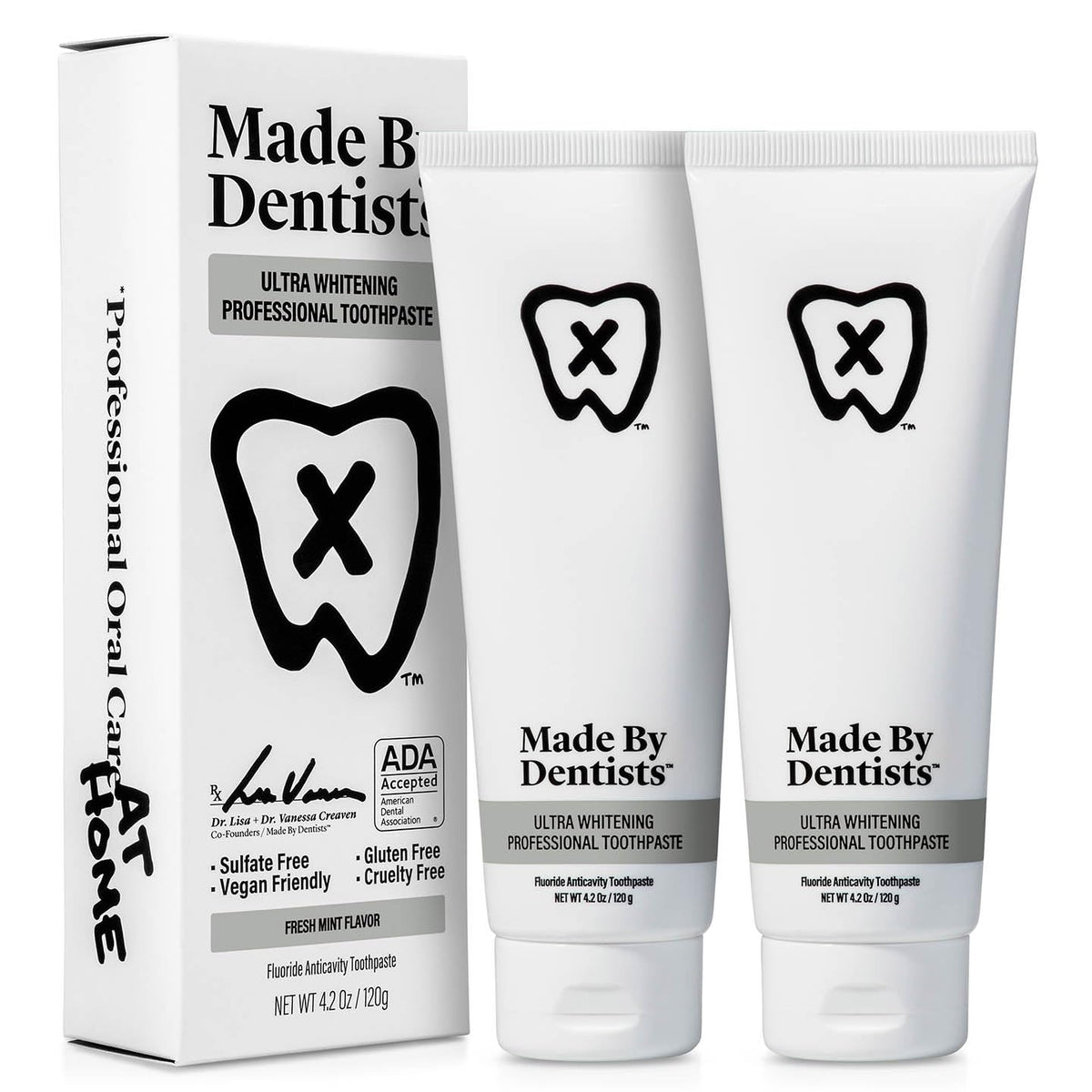 Dentifrice Made by Dentists, tube blanchissant prêt pour un brossage quotidien.