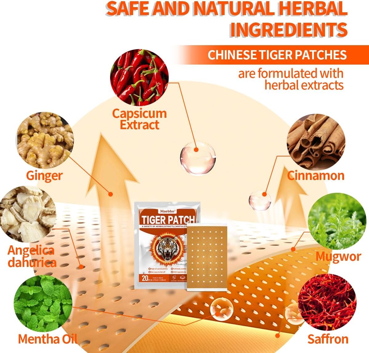 Maebho patch-tigre-chinois application dos, chaleur rapide pour détente musculaire ciblée.
