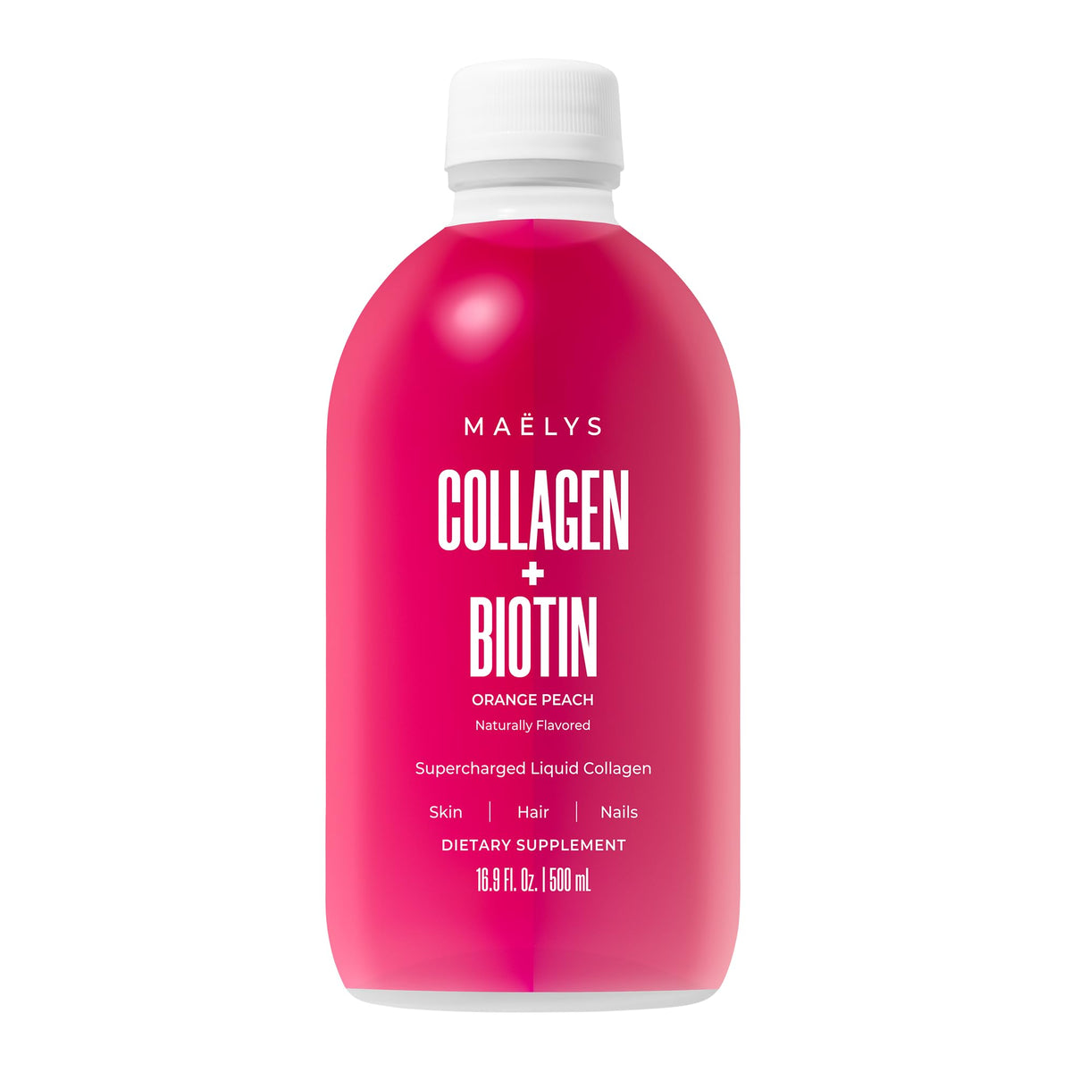 Maëlys Collagen - Bouteille orange-pêche, goût fruité et prise quotidienne facile.