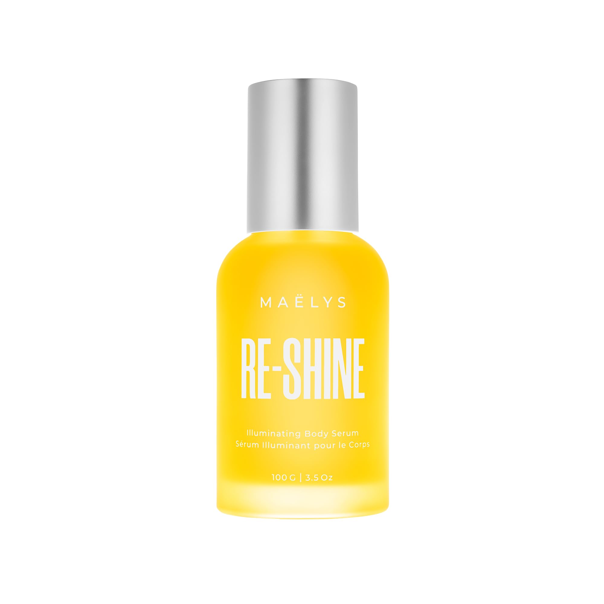 MAËLYS RE-SHINE: bouteille du sérum corporel, texture légère et lumineuse.