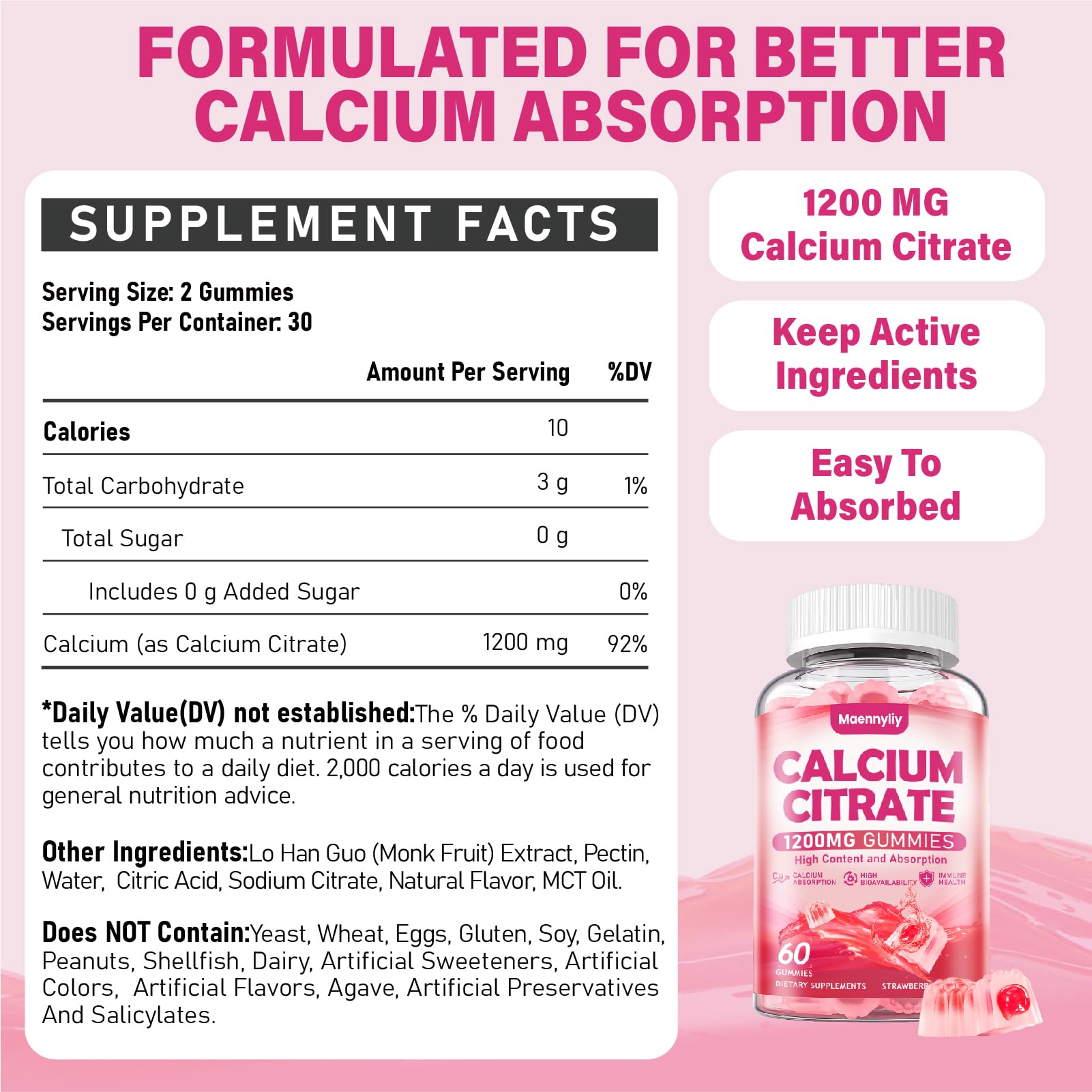 Maennyliy Gommes Calcium Citrate – coeur liquide pour absorption potentiellement optimisée