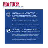 Mag-Tab SR : capsules magnesium-lactate visibles et biodisponibilité potentiellement meilleure.