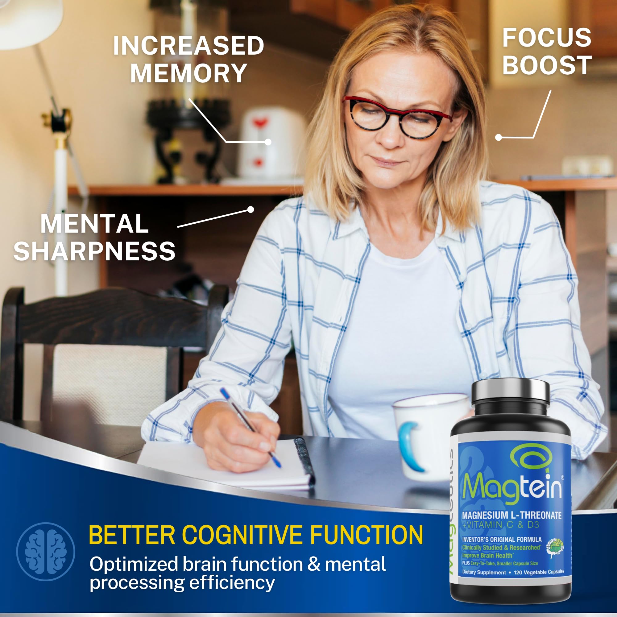 Magceutics Magtein L-Threonate, dose quotidienne pratique pour énergie et concentration.
