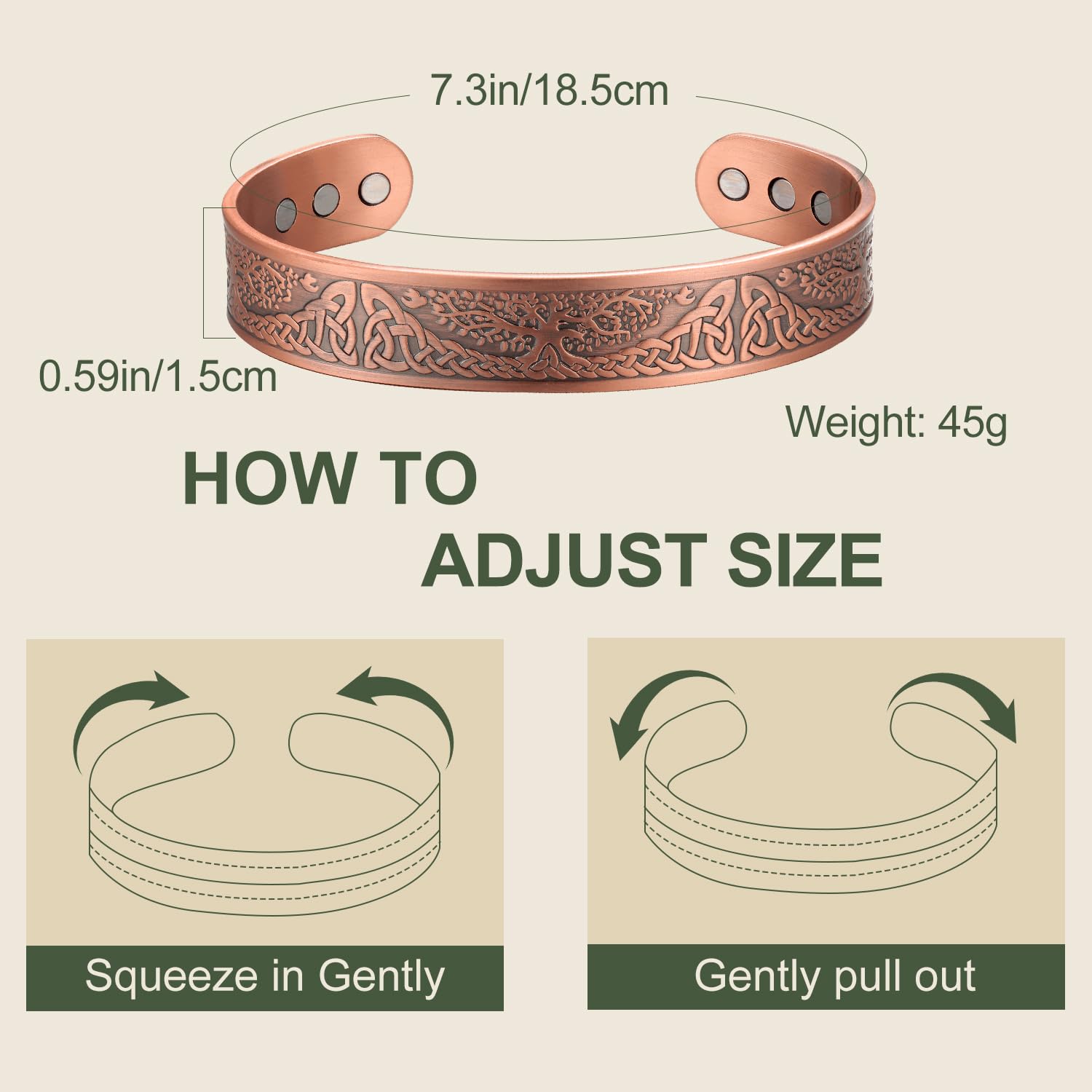 MagEnergy arbre de vie design gravé sur bracelet en cuivre, symbole de croissance.