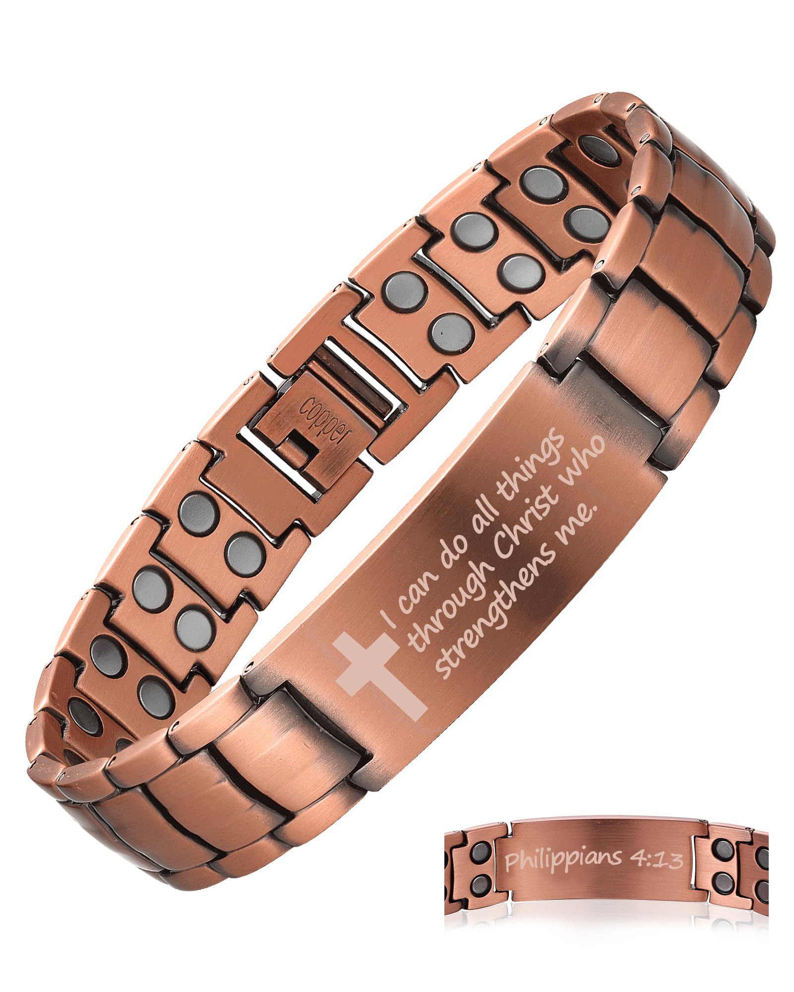 Bracelet MagEnergy en cuivre pour homme avec croix, style masculin et porté quotidien.