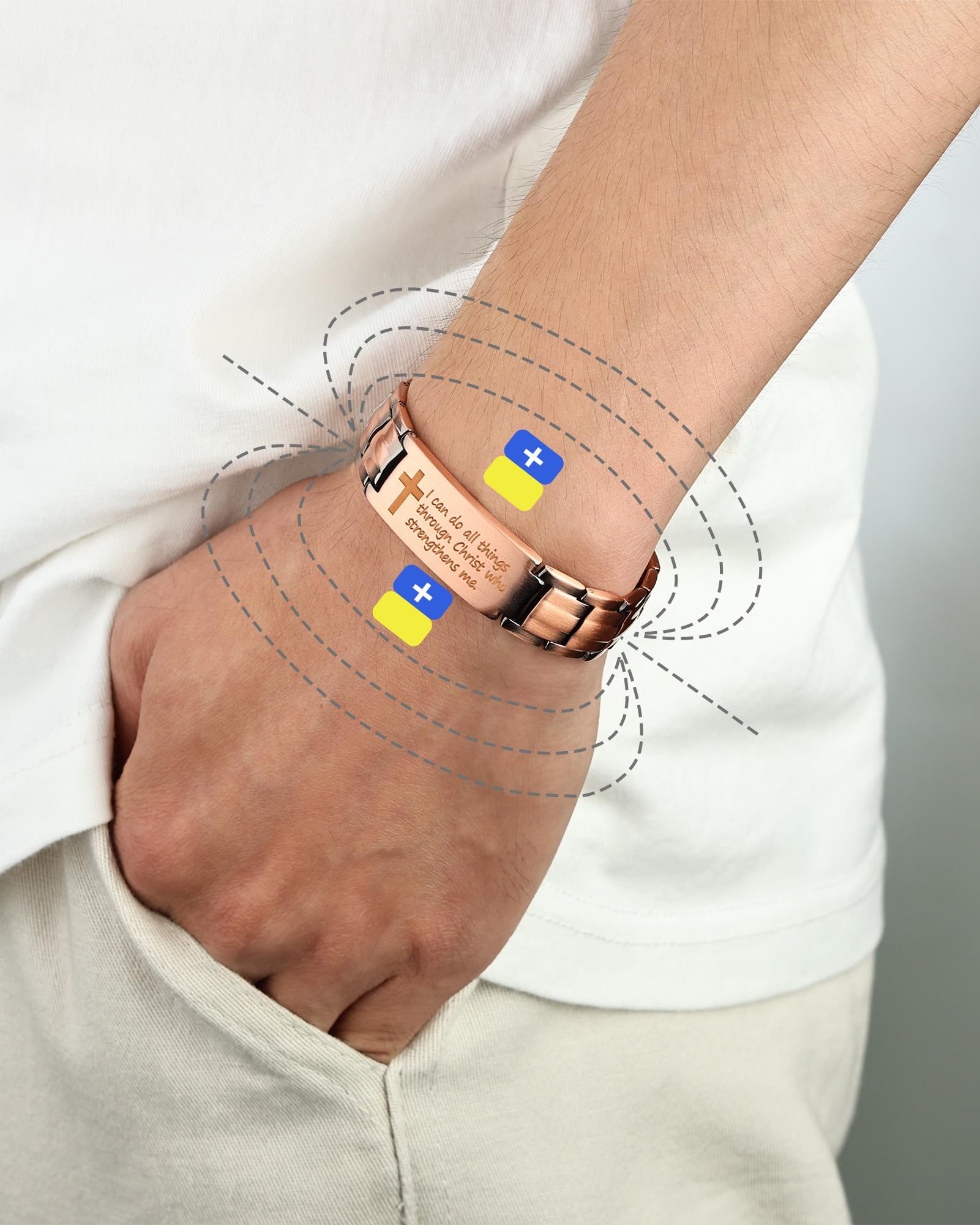 Bracelet MagEnergy en cuivre avec aimants: confort potentiel et soutien modulable.