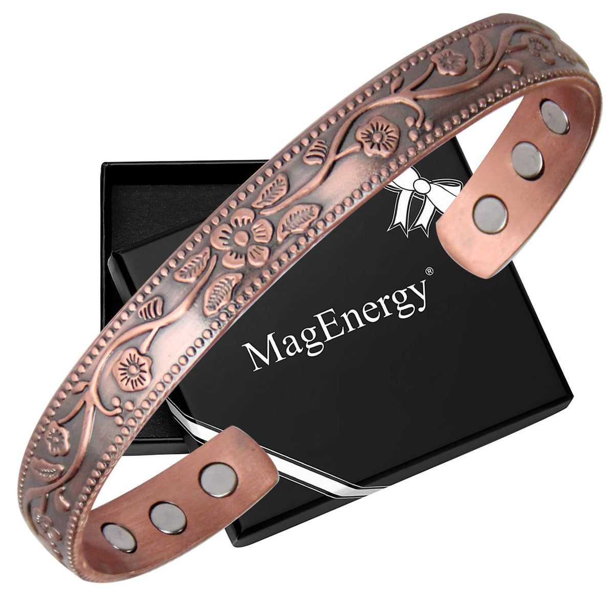 MagEnergy bracelet cuivre vintage fleur, look élégant au quotidien.