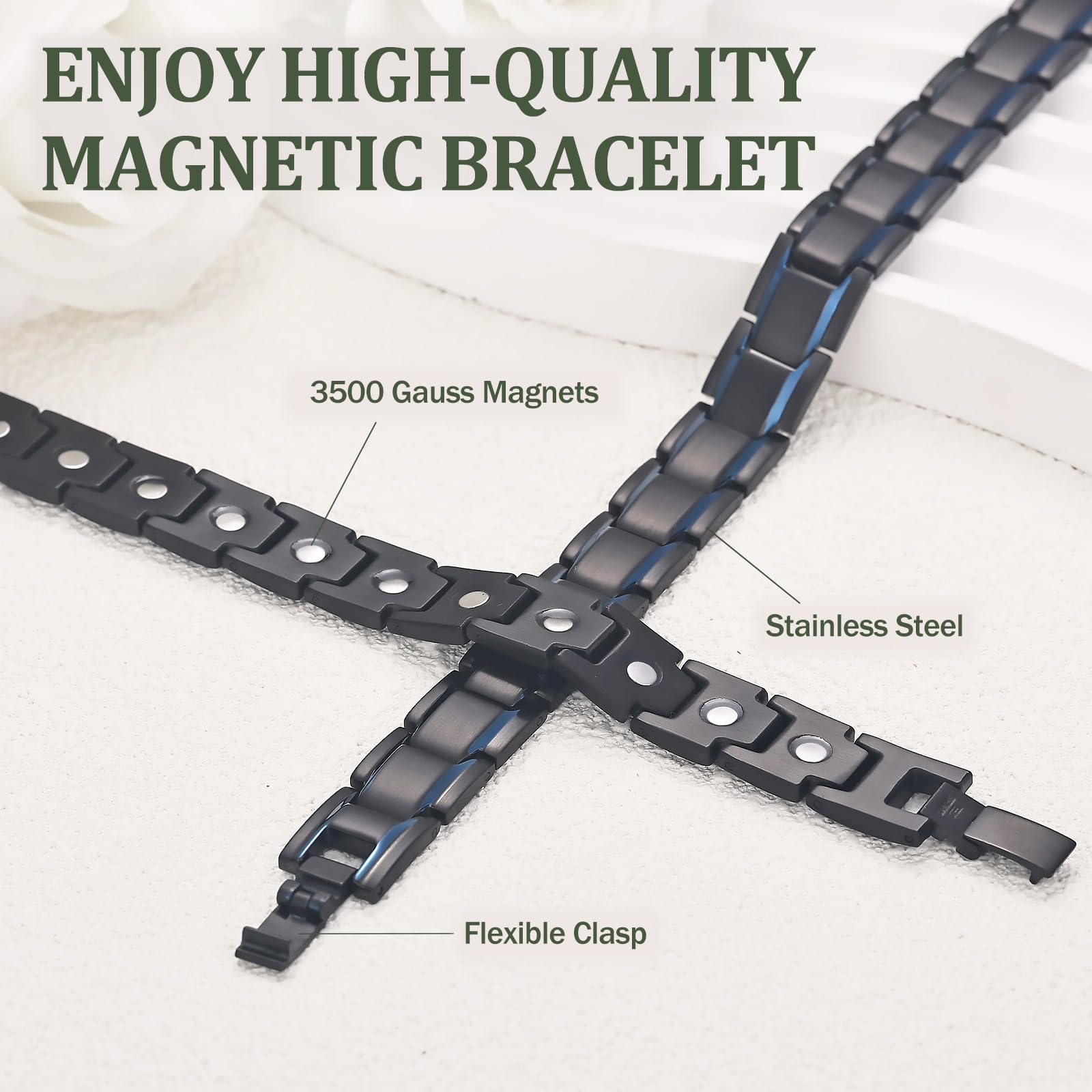 MagEnergy bracelet magnetique homme ajustable 8-5 pouces, ajustement précis et confort.