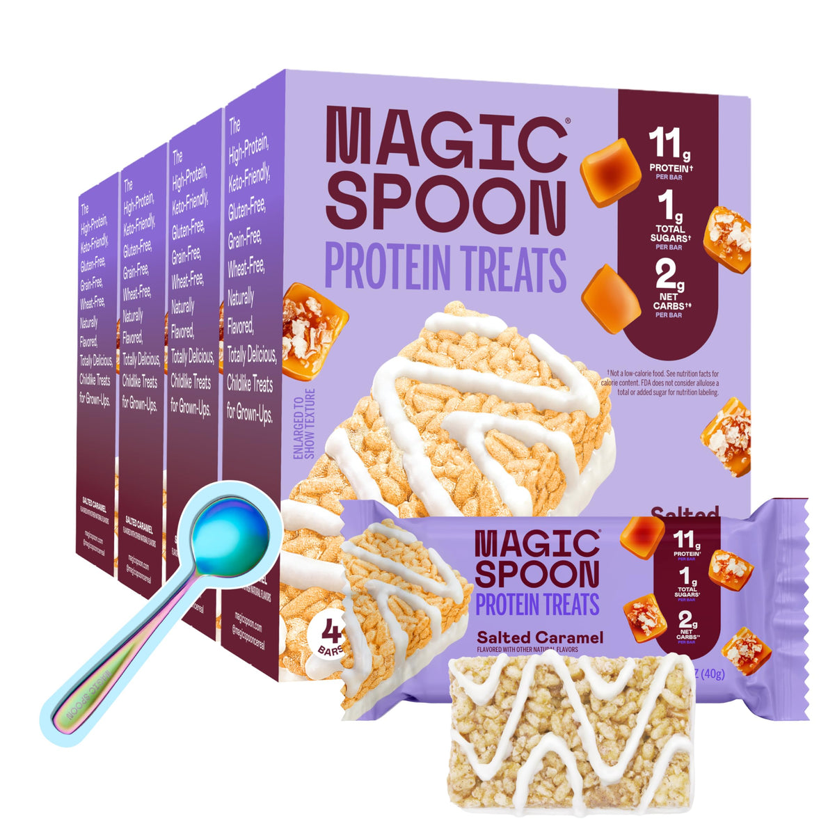 Magic Spoon barre protéinée caramel salé - emballage pratique et snack sans gluten.