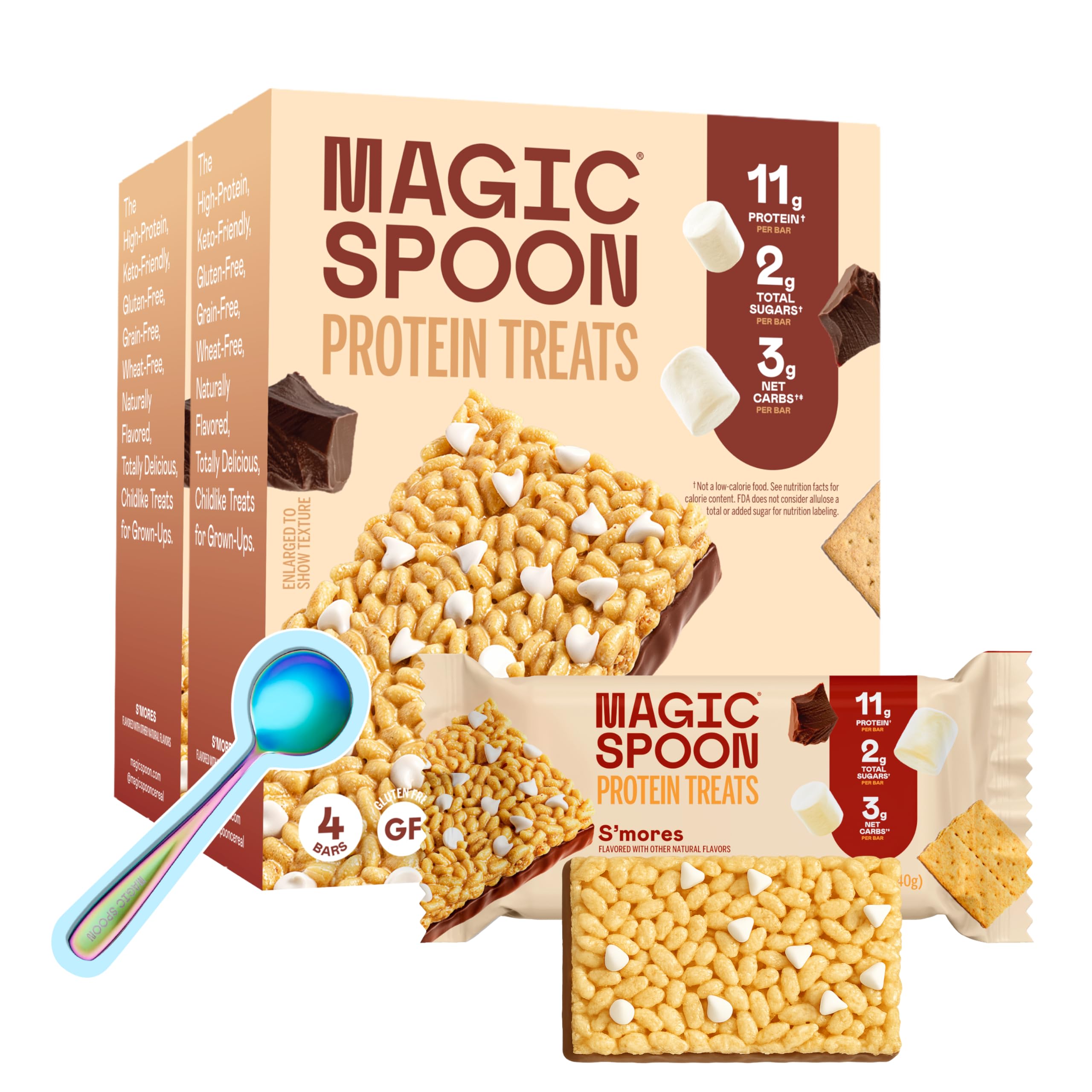 Barre protéinée Magic Spoon Smores dans son emballage, snack pratique et sans gluten.