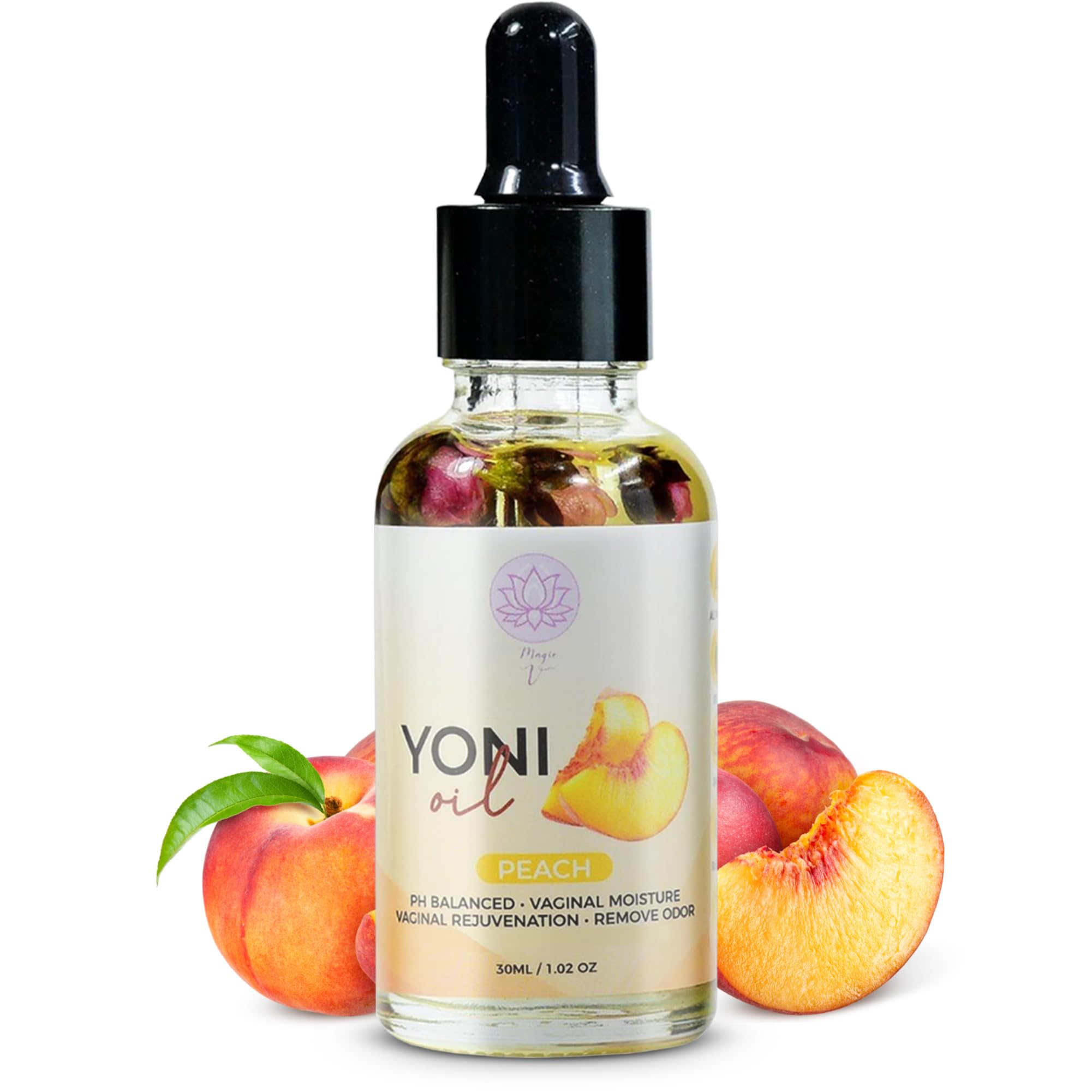 Magic V Steam huile yoni – bouteille rose pêche, parfum fruité et hydratation délicate.
