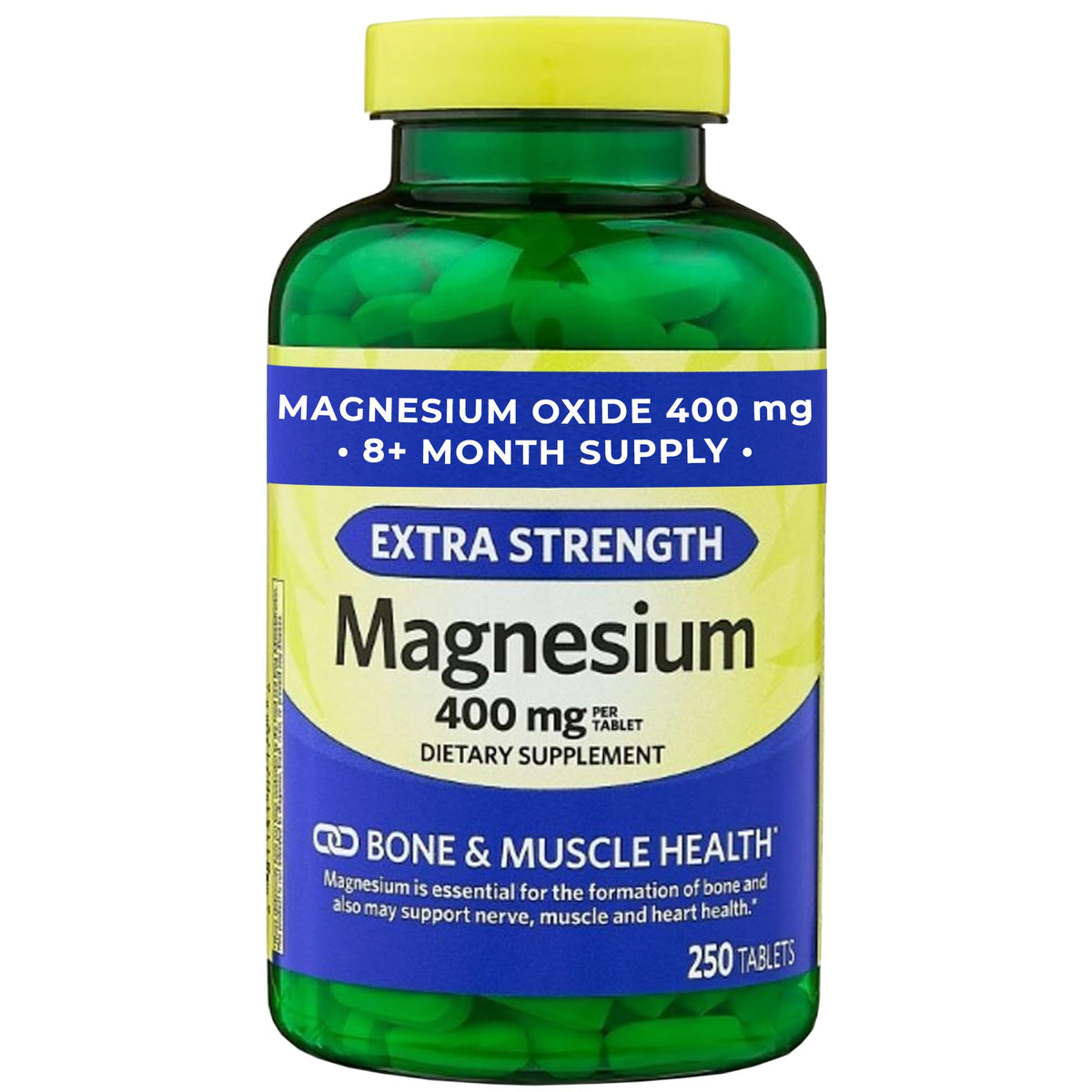 Comprimés magnésium oxyde 400 mg en bouteille – soutien potentiel des os et des muscles.