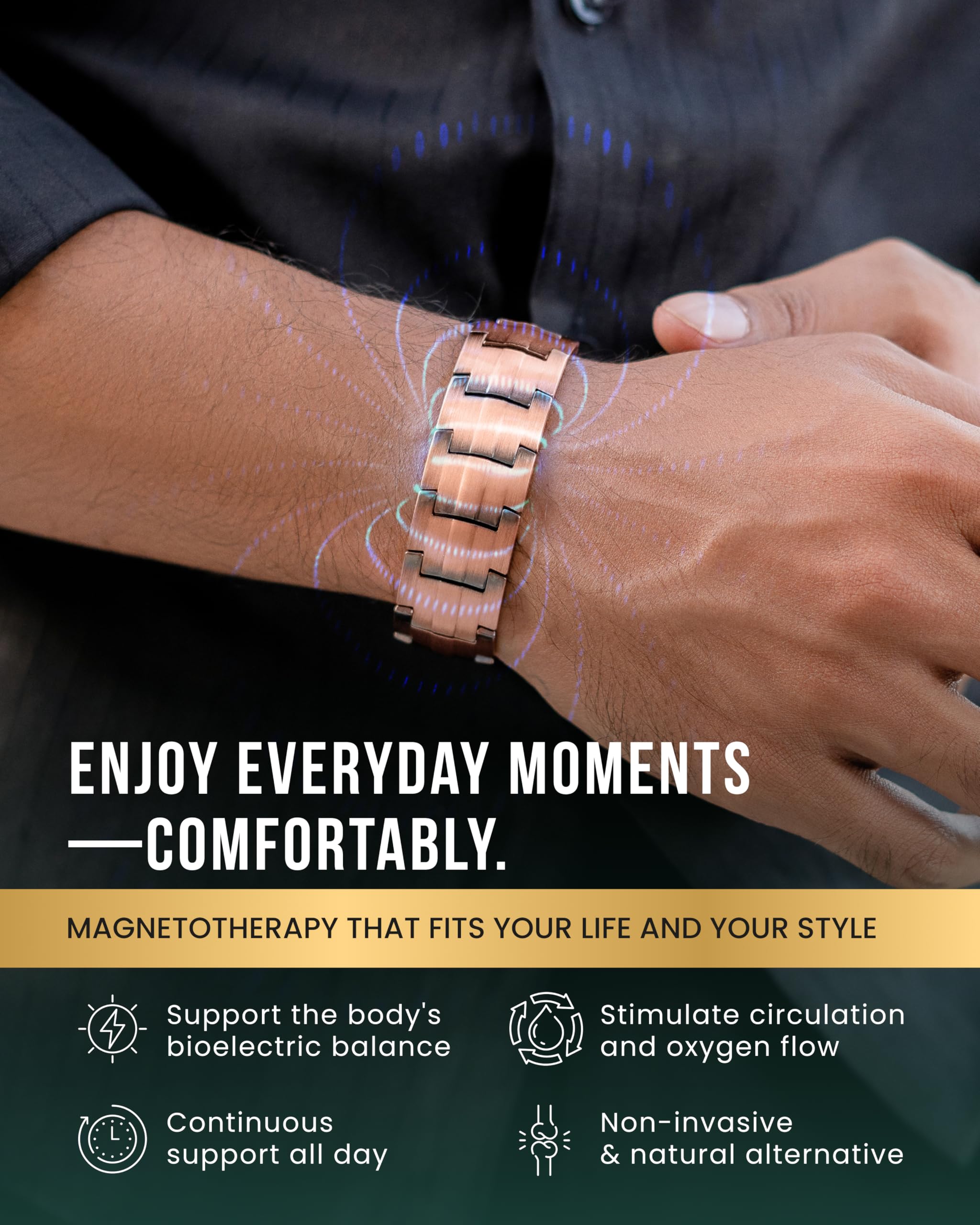 Bracelet MagnetRX en cuivre ajustable à 23 cm, ajustement rapide et précis.